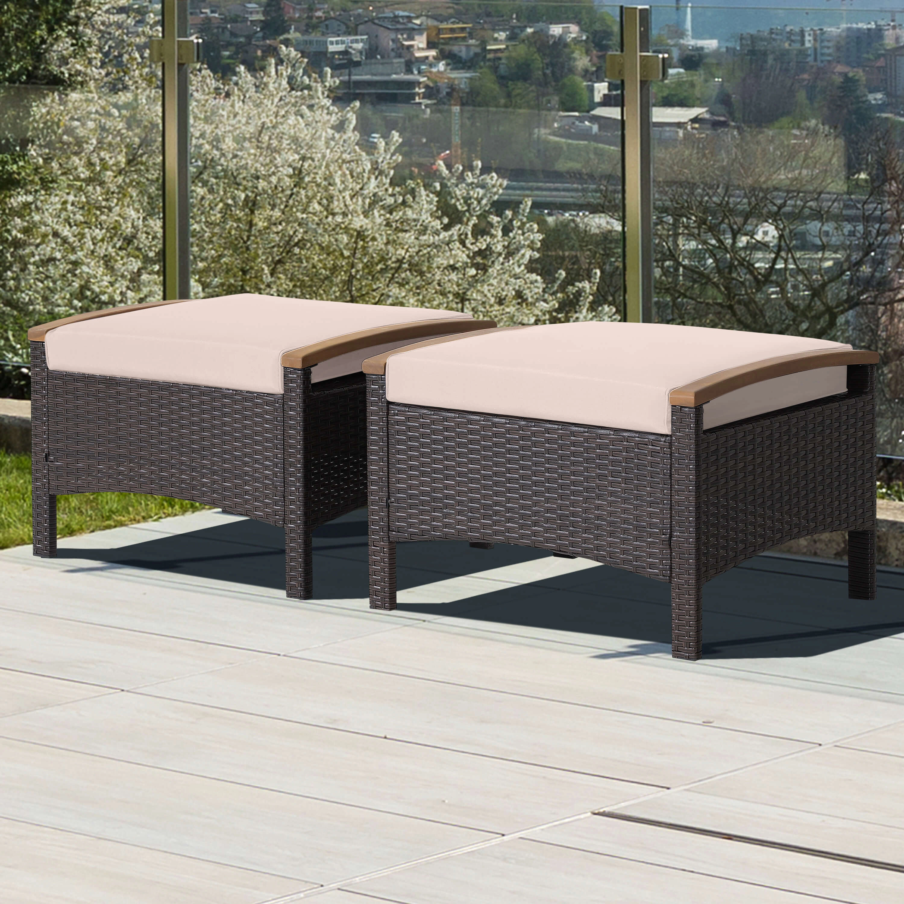 SUGIFT Set of 2 Brown Wicker Patio Ottomans with Acacia Handles and Washable Cushions
