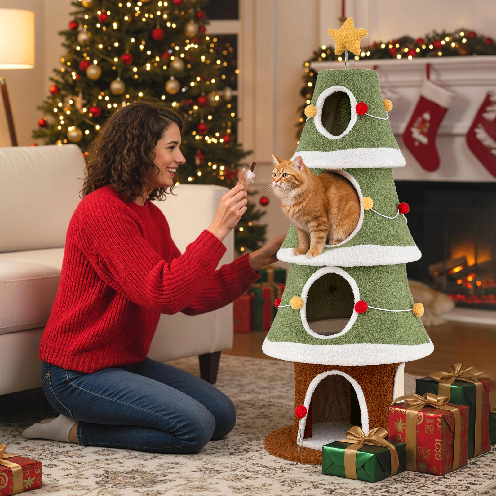 SUGIFT Green 61 in Christmas Cat Tree Holiday Cat Tower with 4 Condos
