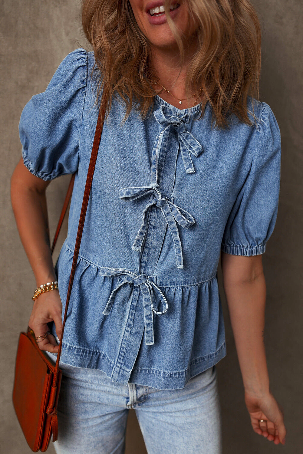Threaded Pear Women's Hope Tied Front Bubble Sleeve Peplum Denim Shirt