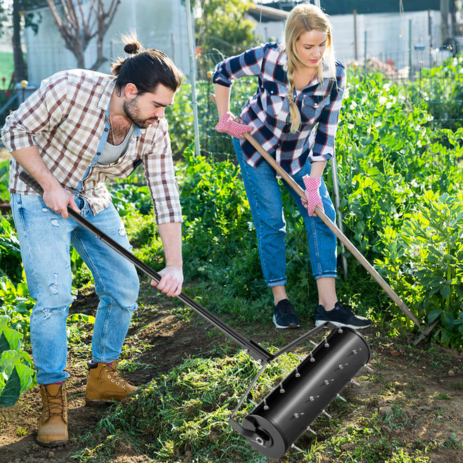 SUGIFT Manual Rolling Lawn Aerator Multi-Tool with 18-in and 21-in Drums 51-in Detachable Handle 1.3-in Spikes Black