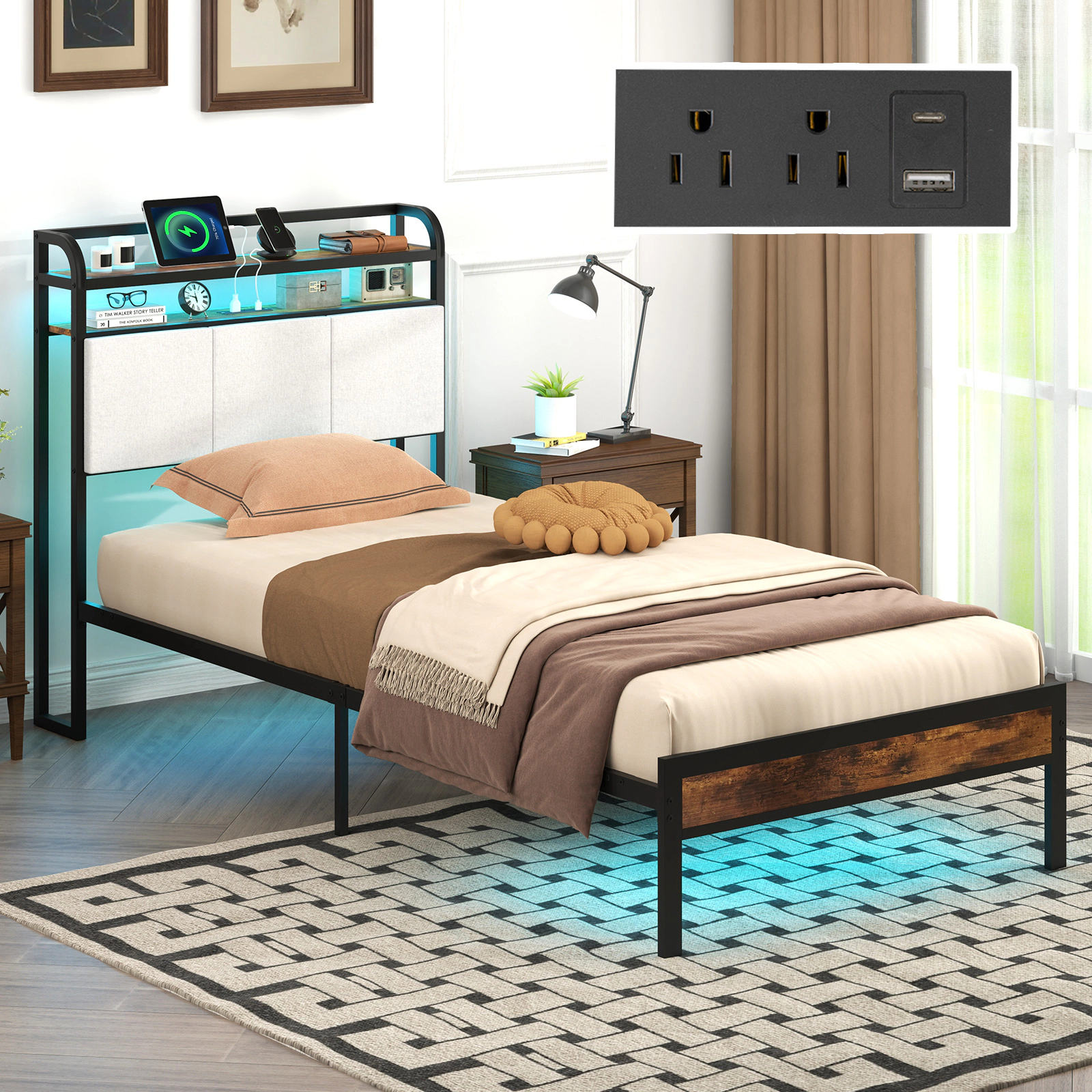 SUGIFT Twin Size 485-lb Bed Capacity LED Bed Frame with Charging Station and 2-Tier Storage Headboard Rustic Brown