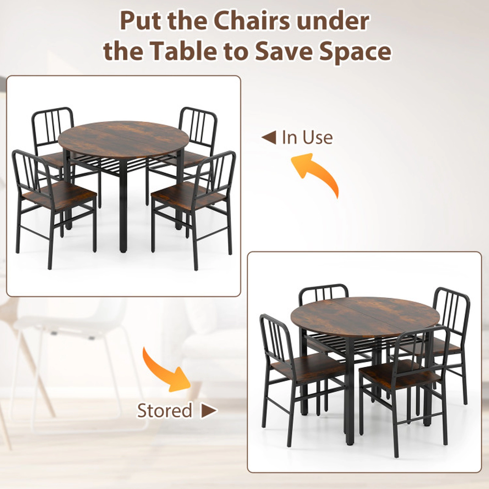 SUGIFT Rustic Brown 40 Inch Table Storage Shelf and 4 Chairs 5-Piece Round Dining Table Set