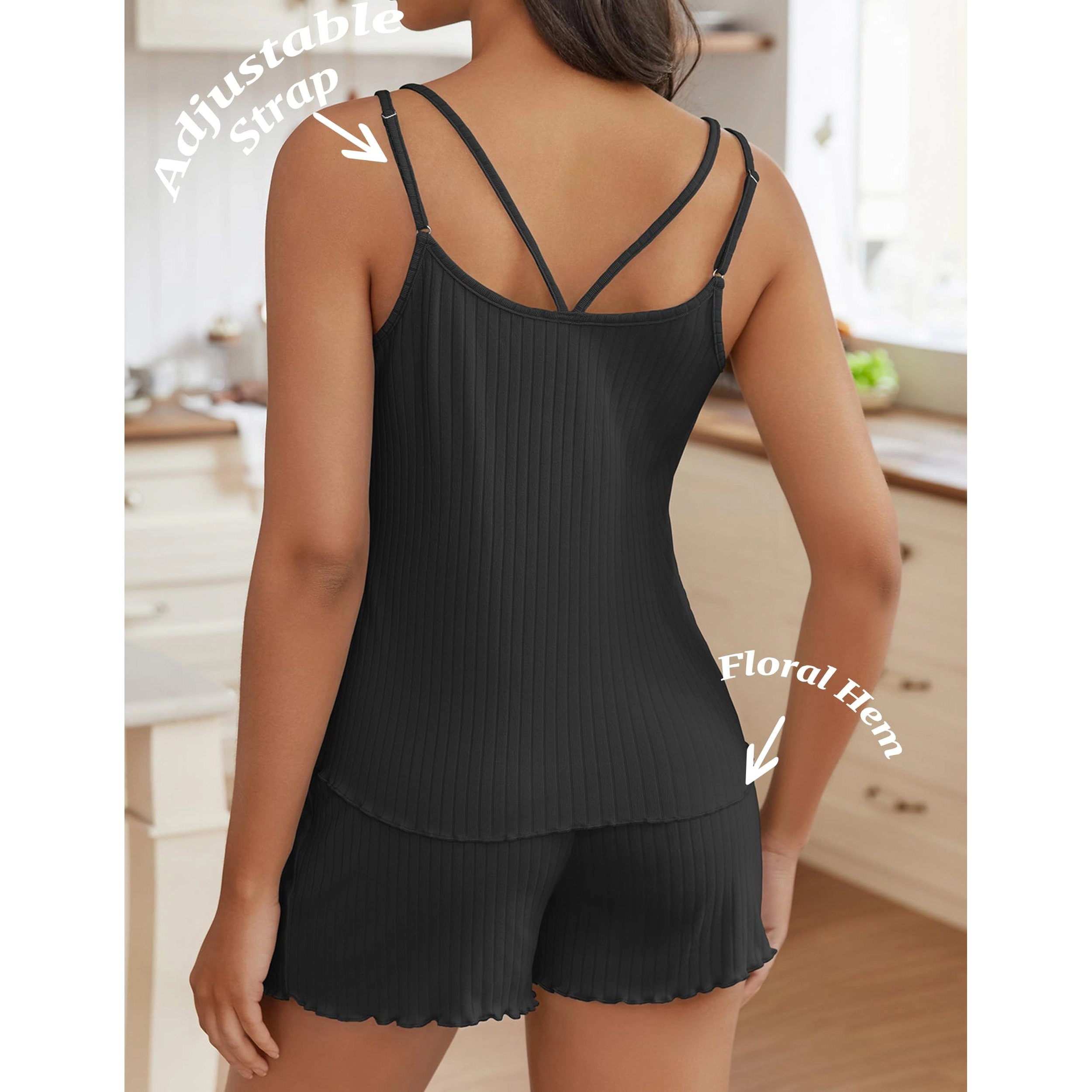 Ekouaer Womens Cami Pajama Sets 2 Piece Ribbed Knit PJs Soft Tank Top and Shorts Camisole Set