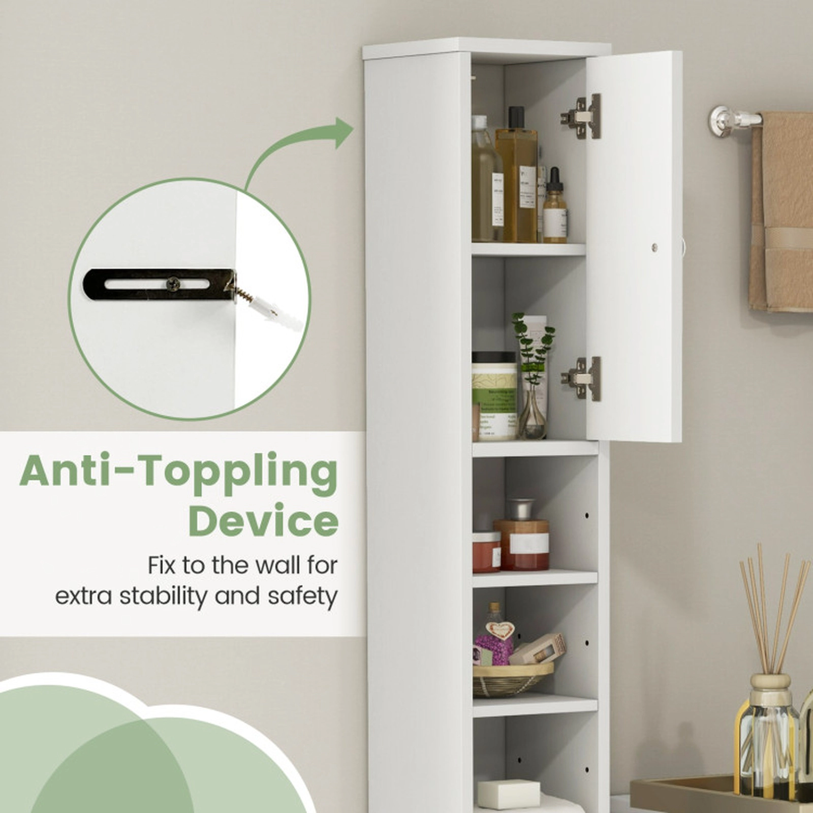 SUGIFT White 110-lb Capacity 8-in Slim Freestanding Bathroom Storage Cabinet with Drawer and 5 Adjustable Shelves