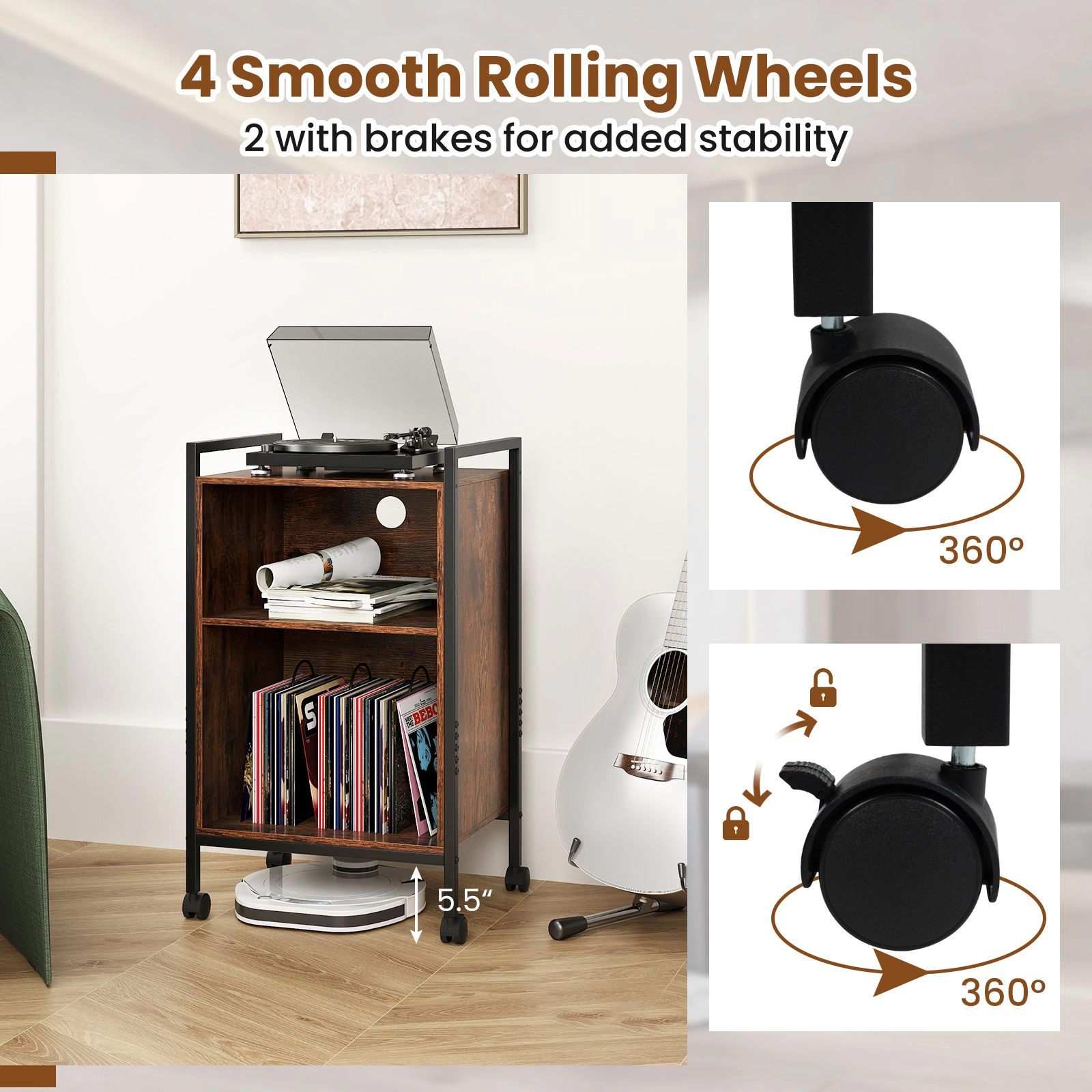 SlickBlue Modern Vinyl Record Player Stand with Storage Shelf and Charging Station