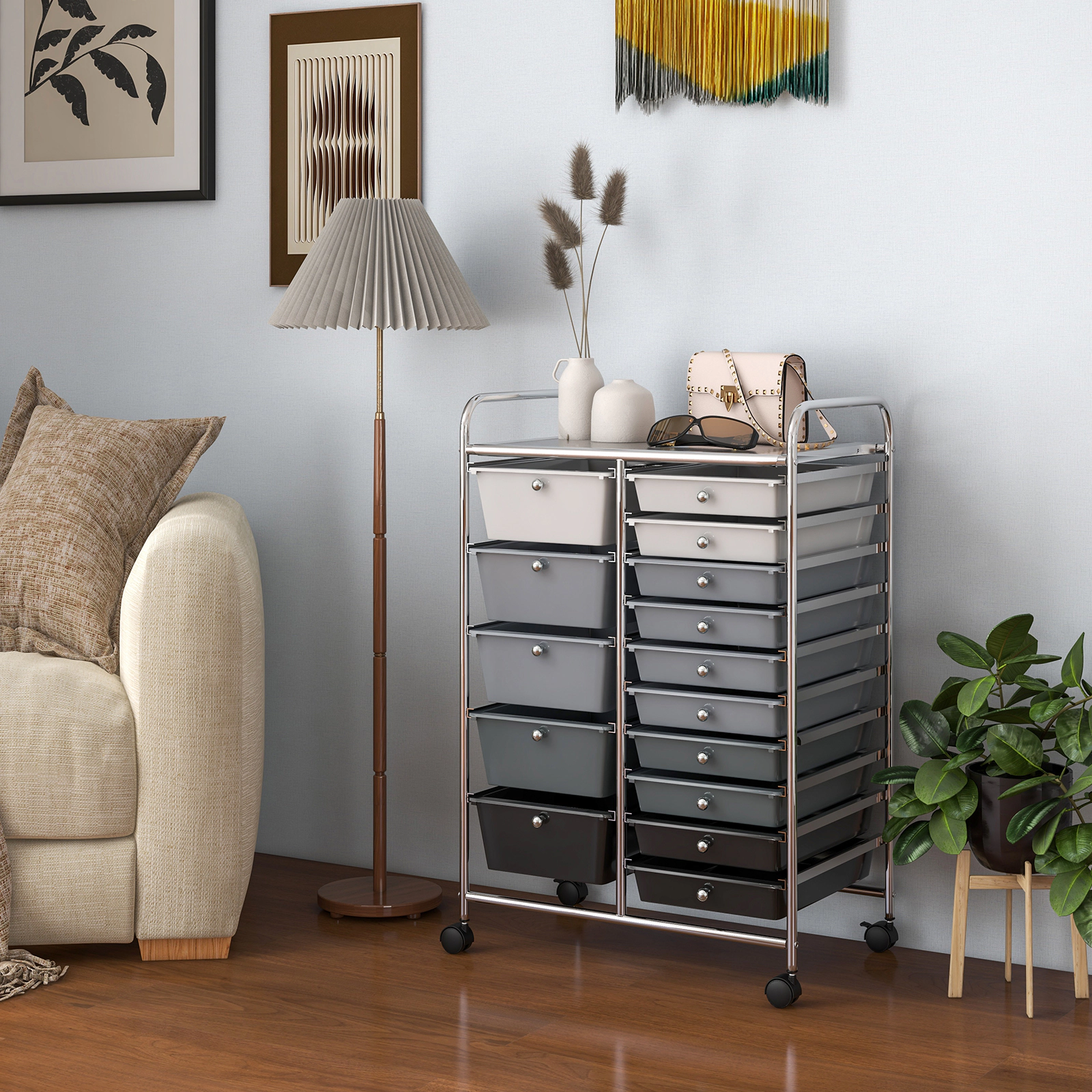 SUGIFT 15-Drawer Rolling Storage Cart Utility Organizer with Steel Frame