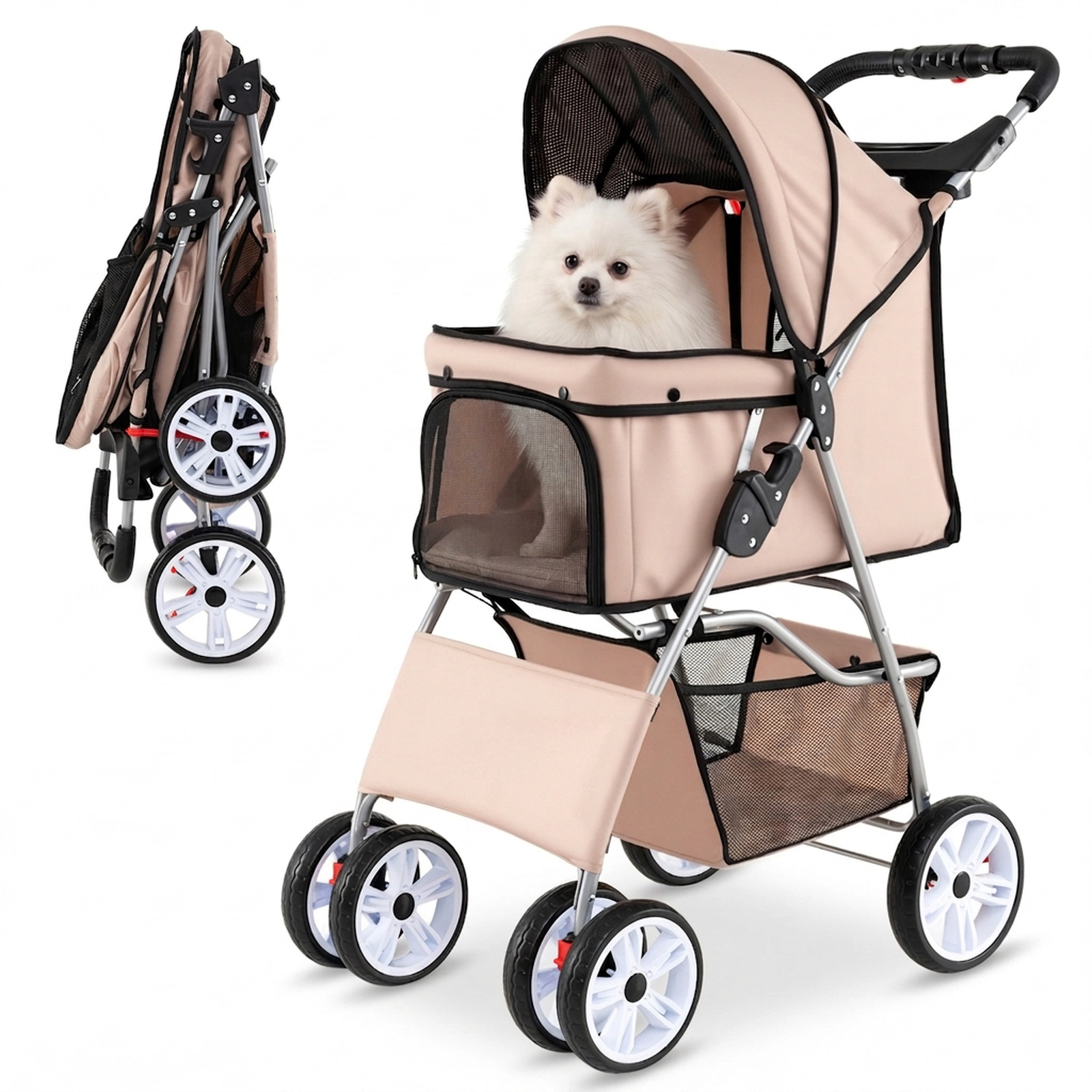 SUGIFT Beige 4-Wheel 33-lb Capacity Folding Pet Stroller for Small Dogs and Cats with Cup Holder and Basket