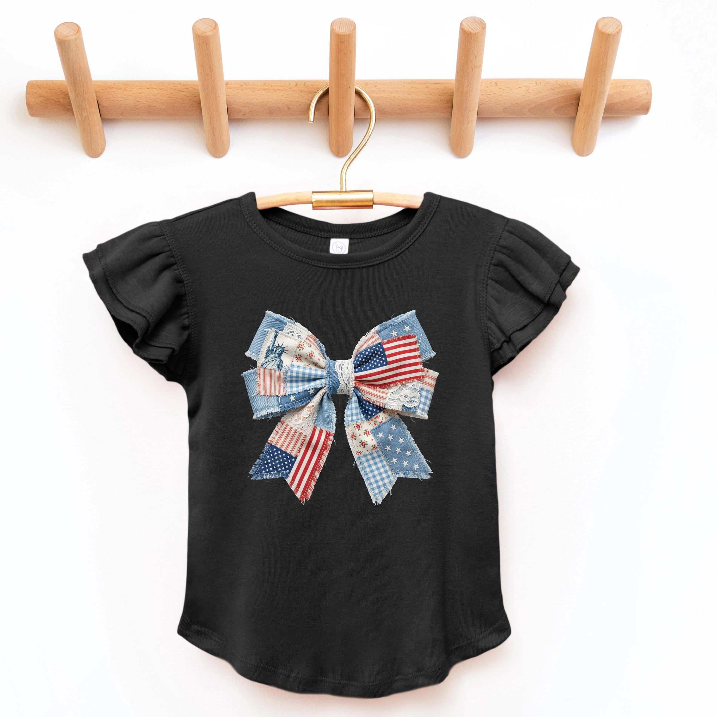 The Juniper Shop - Patriotic Bow Faux Denim Patchwork Flutter Sleeve Graphic T-Shirt
