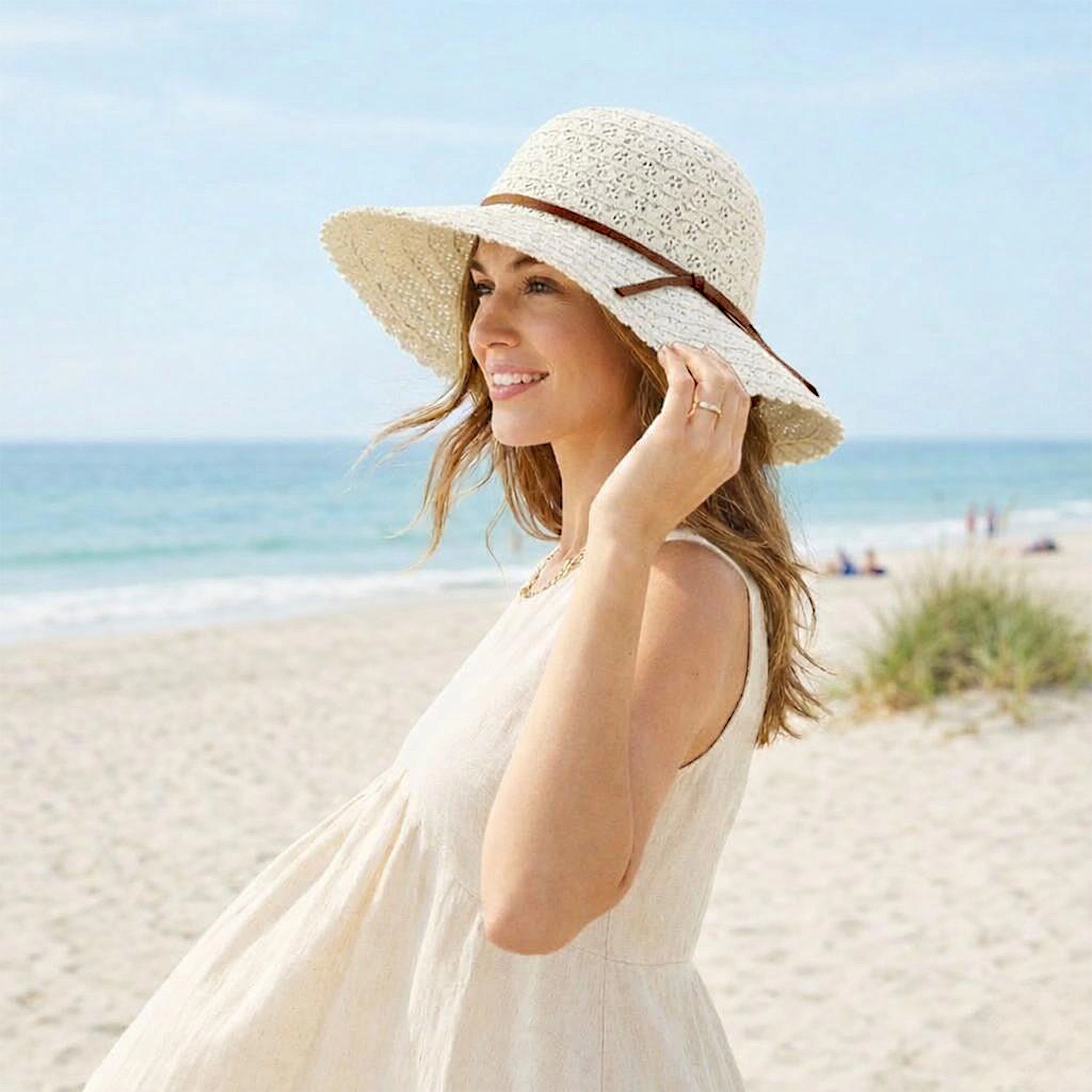 Anna-Kaci Women's Women Wide Brim Crochet Sun Hat Lightweight Breathable Straw with Chin Strap