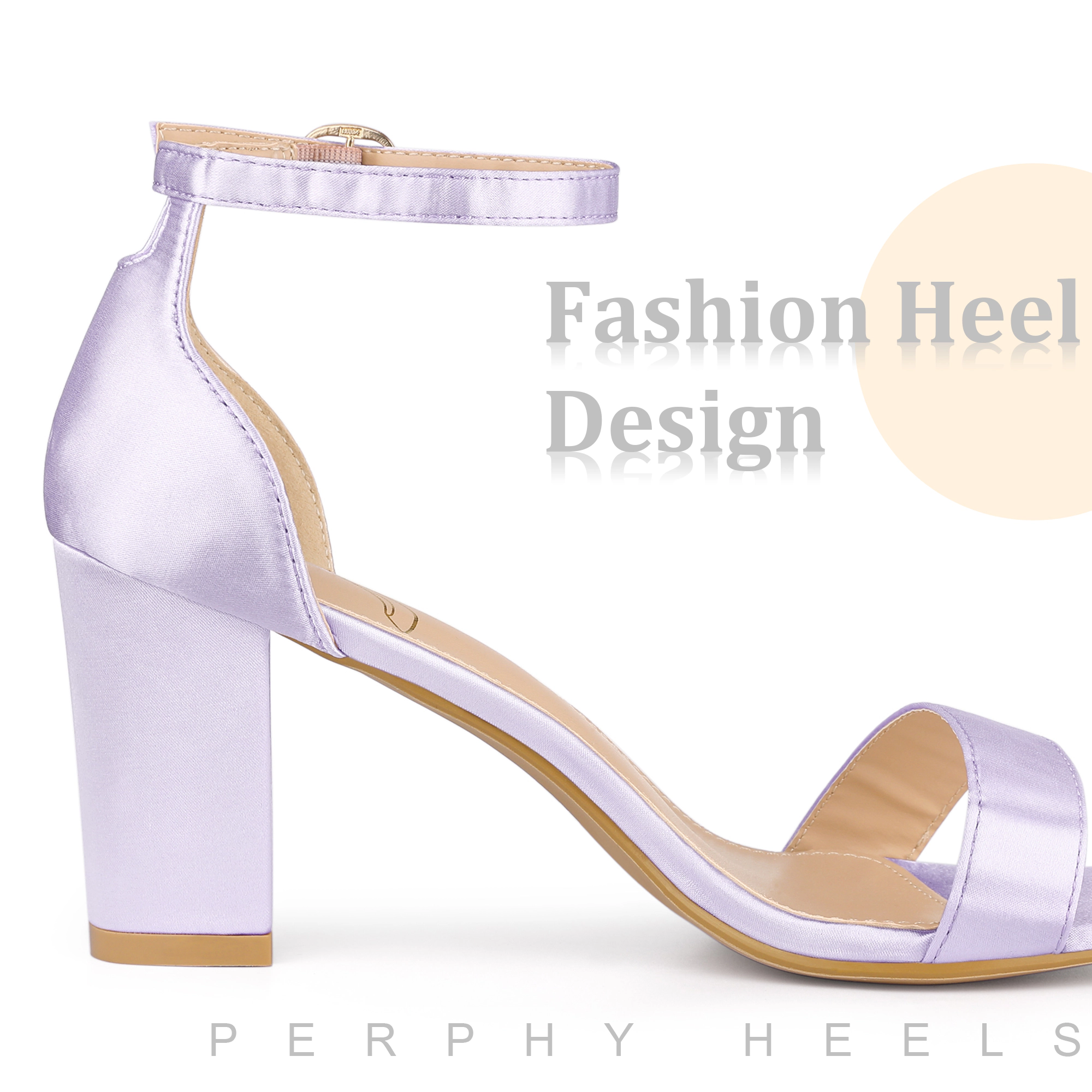 BLISSFUL STEP Women's Open Toe High Heel Ankle Strap Satin Block Heels Sandals
