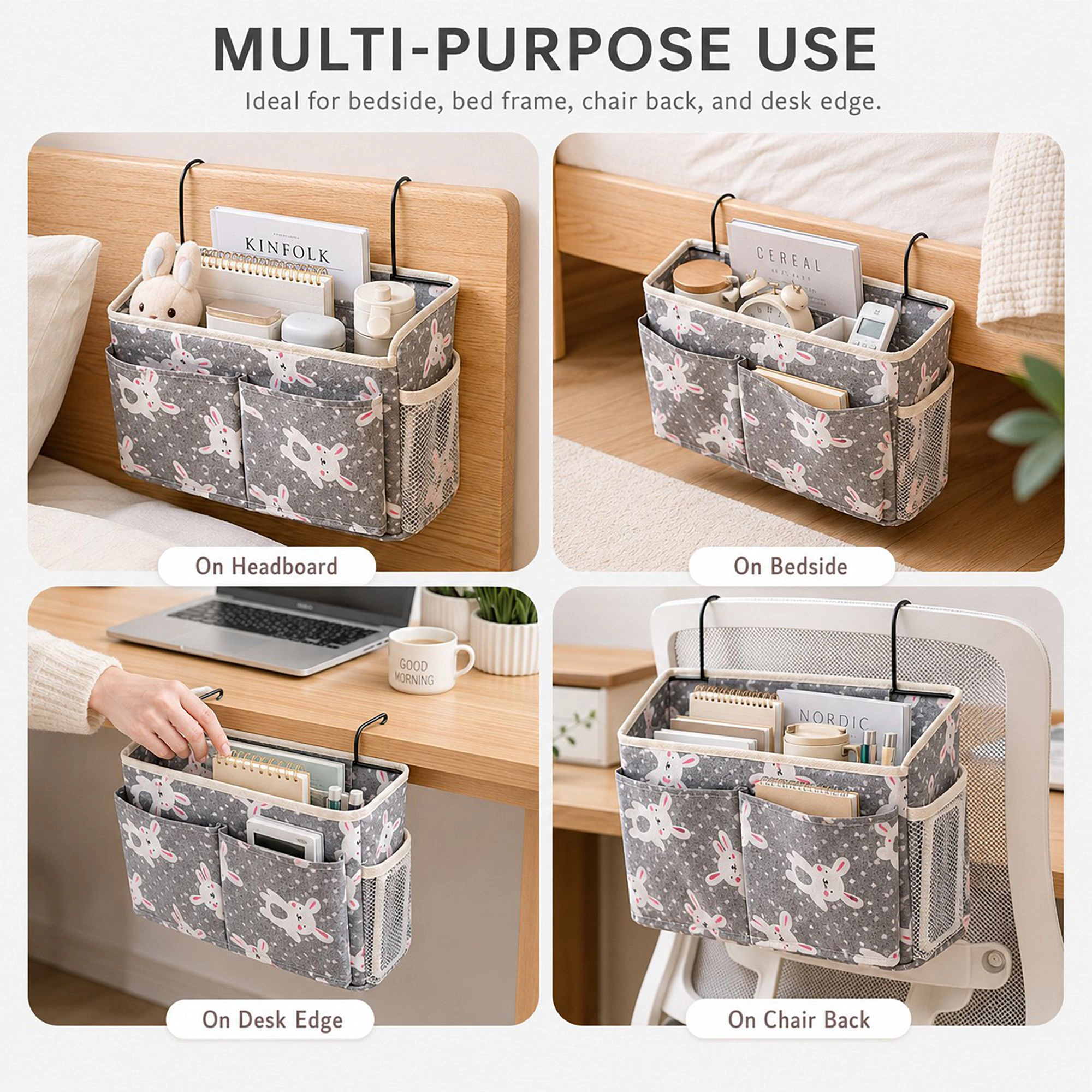 Alilang Hanging Bedside Storage Caddy Bunny Print Organizer with Hooks and Multiple Pockets