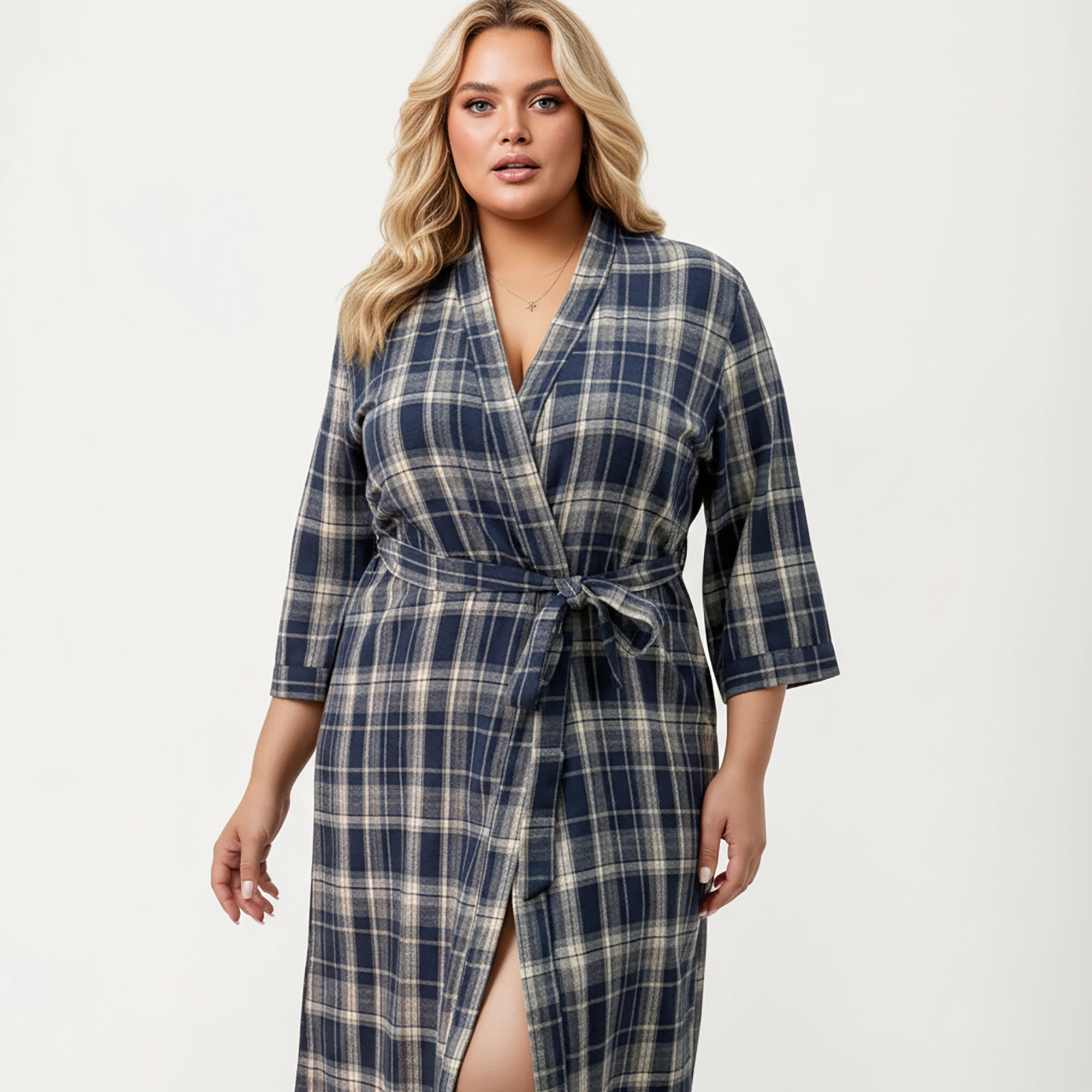 Anna-Kaci Women's Plus Plaid Long Robe with Brushed Texture Adjustable Waist Tie and Three-Quarter Sleeves