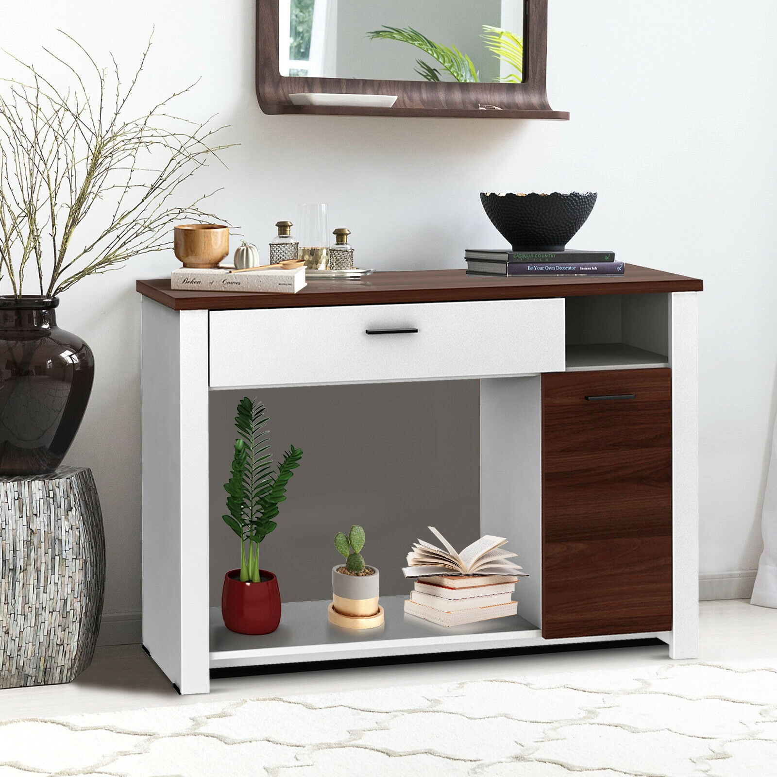 SUGIFT Drawer Cabinet 5-Position Shelf Walnut Top Entryway Console Table 48-in x 12-in x 31.5-in 77-lb Capacity White