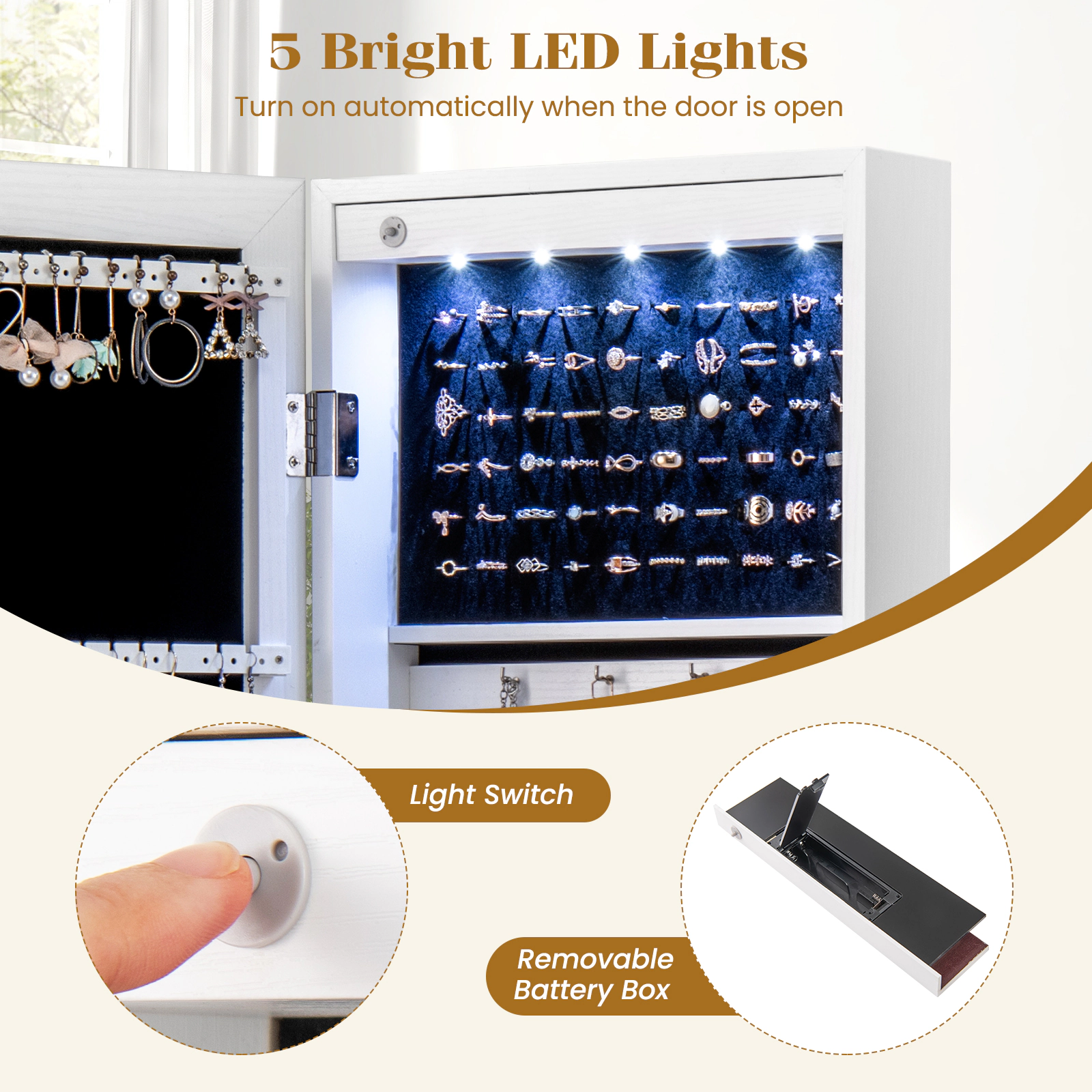 Slickblue 42 Inch Wall or Door Mounted Mirrored Jewelry Cabinet with LED Lights and Storage Shelves