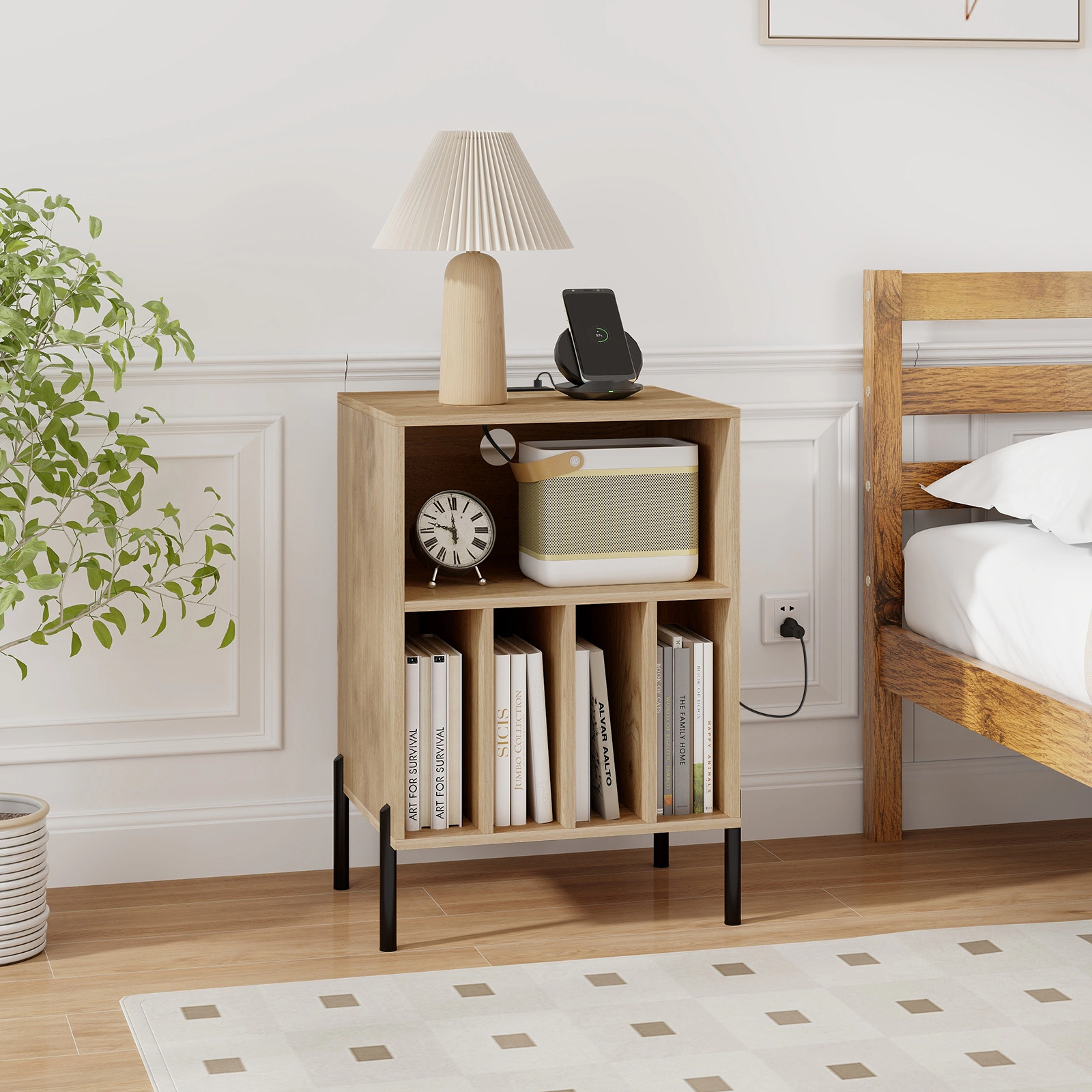 SUGIFT 21-Inch Natural Record Player Stand with Vinyl Storage and Charging Station
