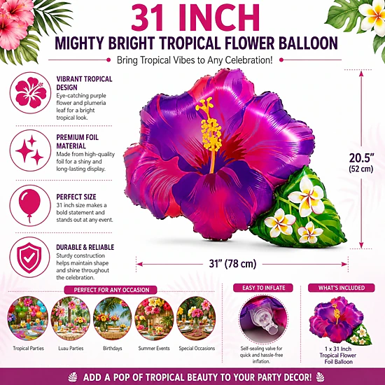 LoonBalloon 31-Inch Mighty Bright Tropical Flower Balloon - Purple ...