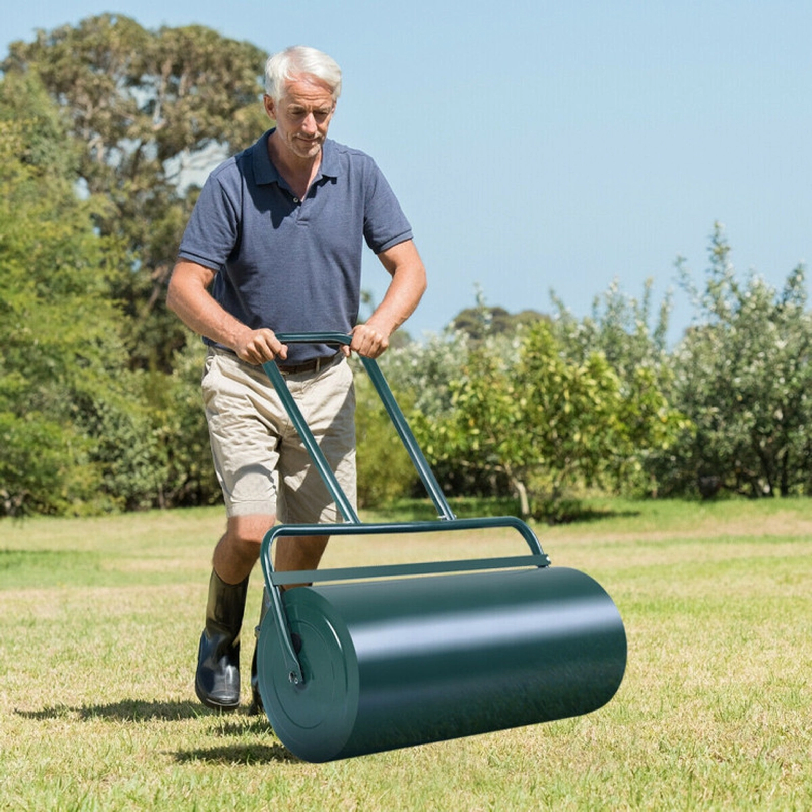 SUGIFT 24-in Wide Steel Tow Lawn Roller with U-Shaped Handle Water or Sand Filled 24-lb Net Weight Black/Green 1-Pc
