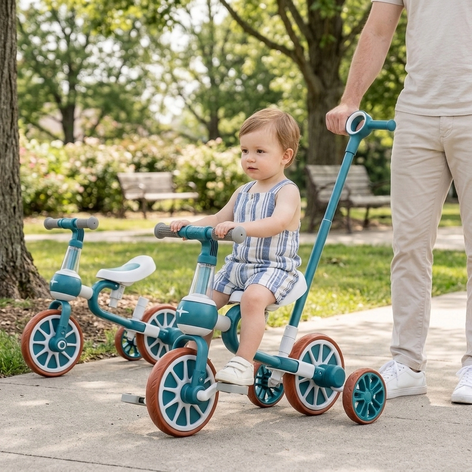 4-in-1 Kids Tricycle 4-Level Parent Push Handle Detachable Pedals Training Wheels 135-Degree Ages 2-4 Green