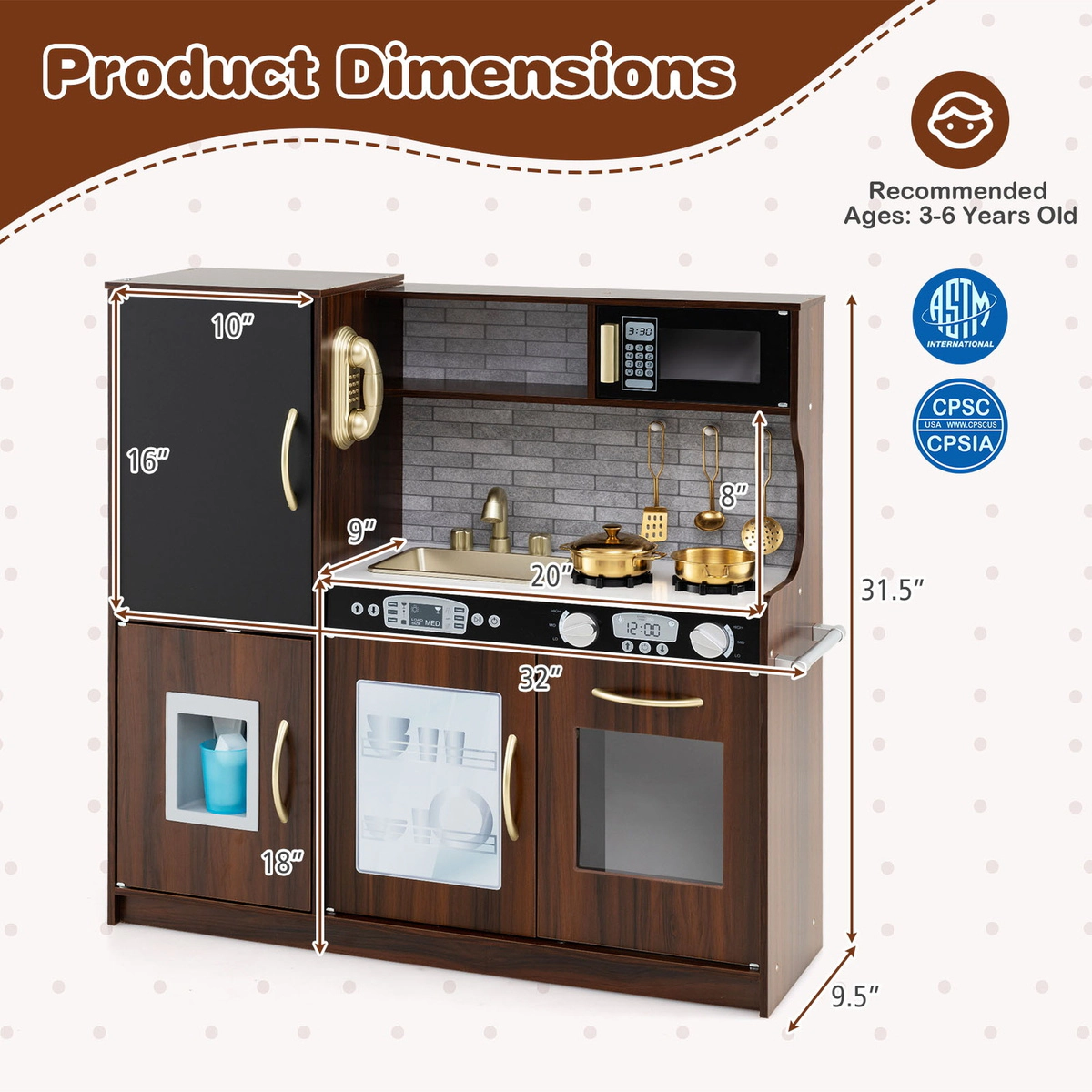 SUGIFT Toddler Pretend Play Kitchen with Sink Stoves Blackboard and Storage 32-in Frame Ages 3-6 Years Brown MDF