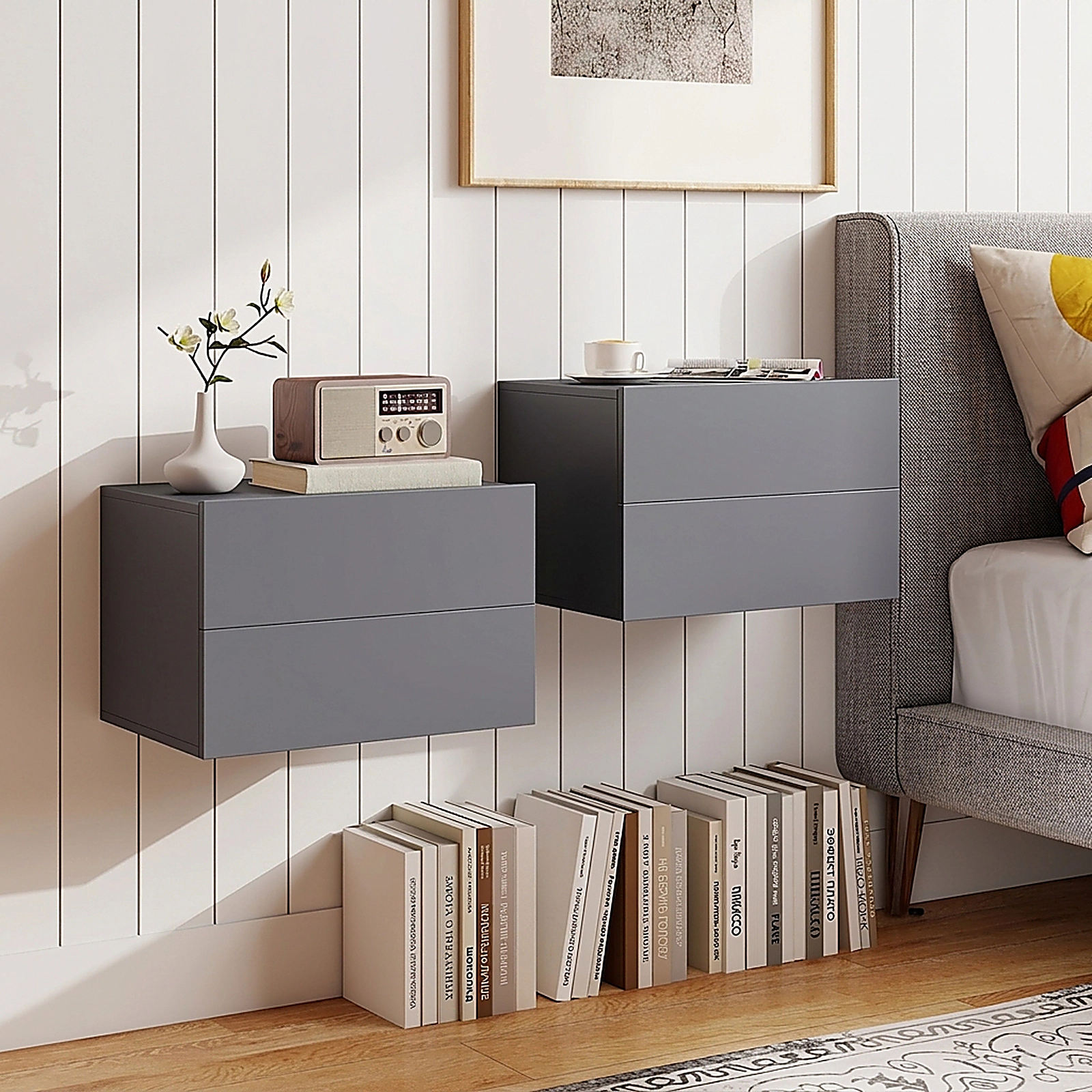SUGIFT Floating 2-Drawer Nightstand with Wall Mounting 16.5-in W 12-in D 11.5-in H in Gray