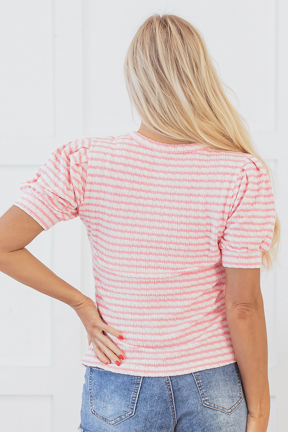 Threaded Pear Women's Dylan Stripe Textured Puff Sleeve Top