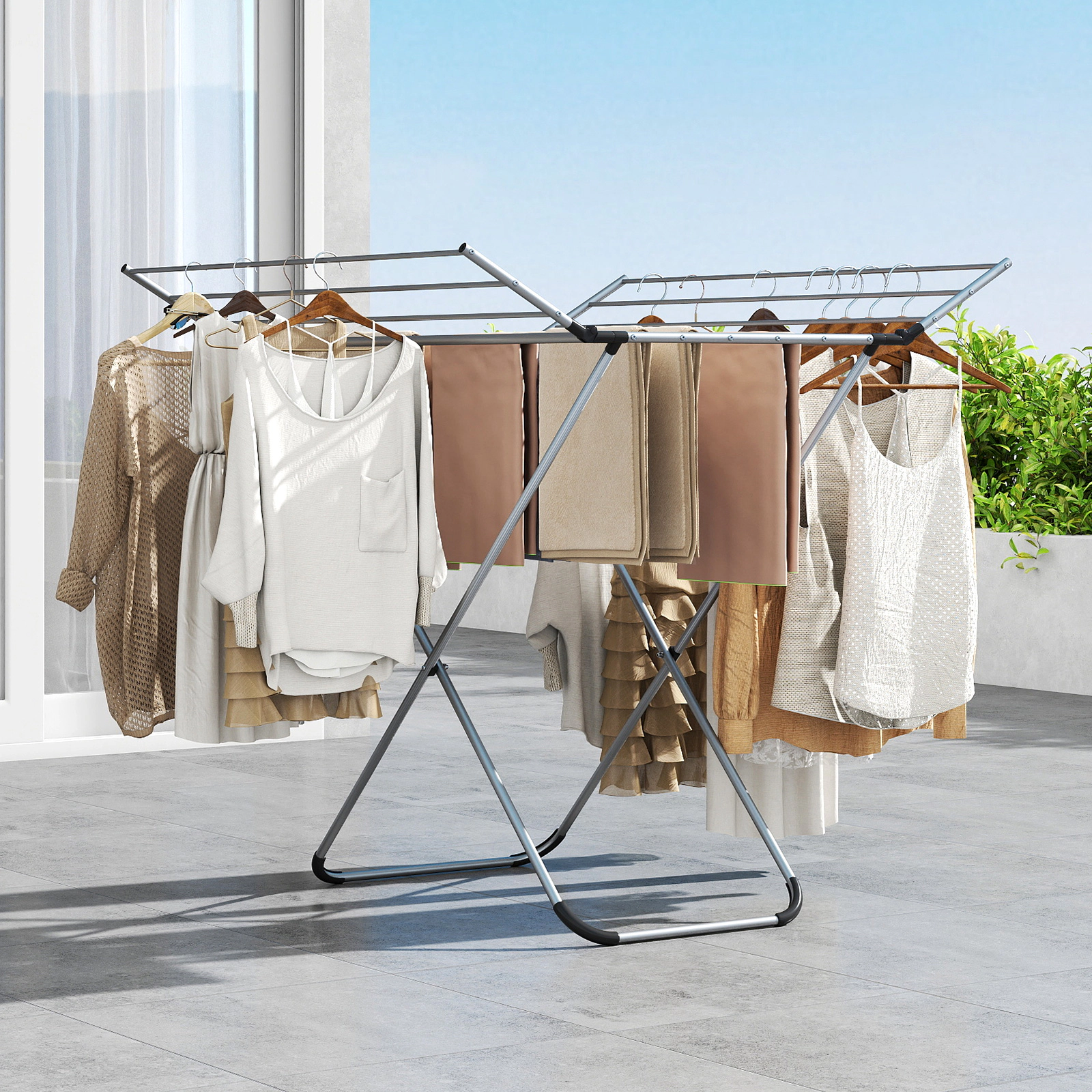 SUGIFT Silver Folding Aluminum Clothes Drying Rack with 2 Side Wings 14 Rods and 60-ft Hanging Space