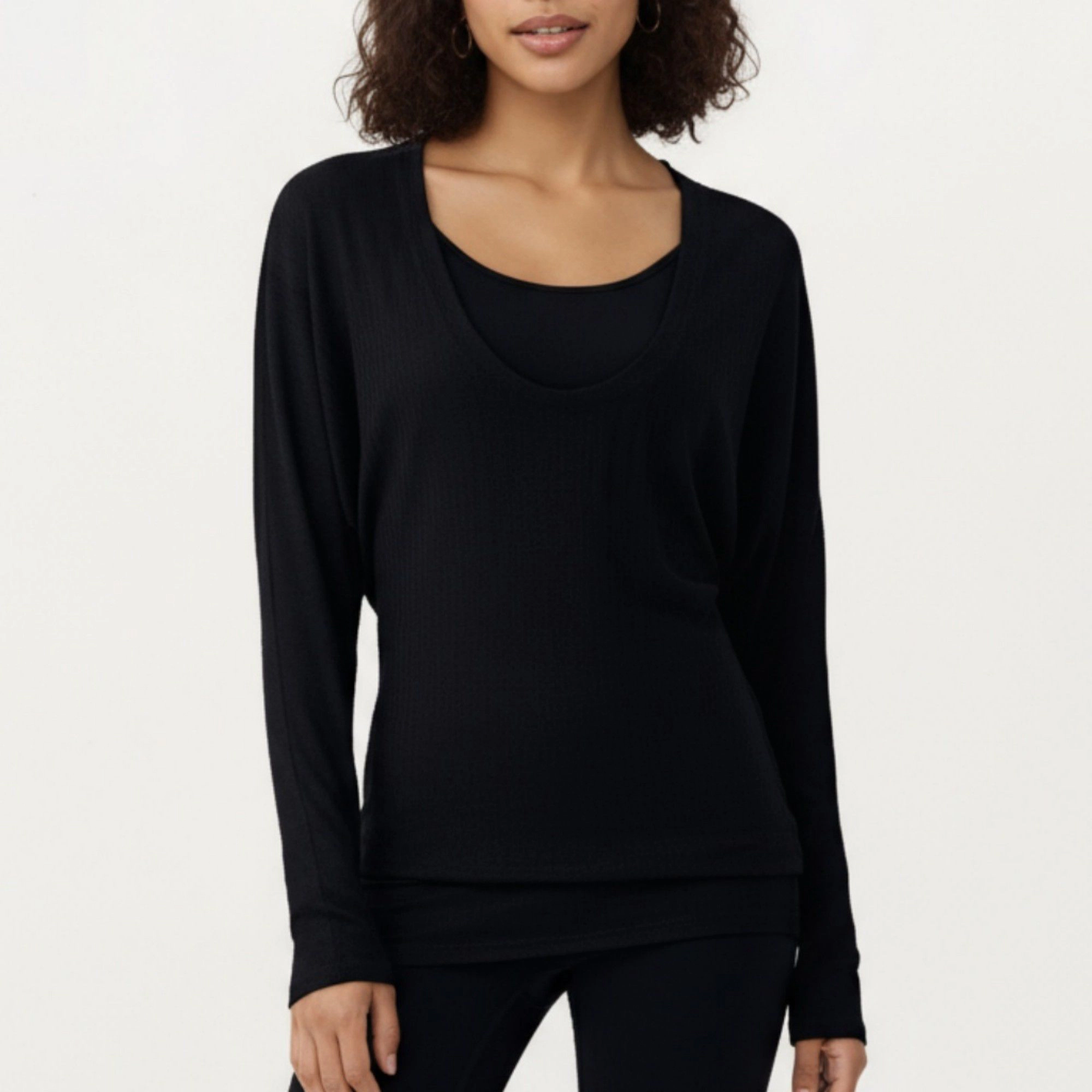 Anna-Kaci Women's Off Shoulder Long Sleeve Top with Soft Stretch Fabric Relaxed Draped Fit and Extended Hemline
