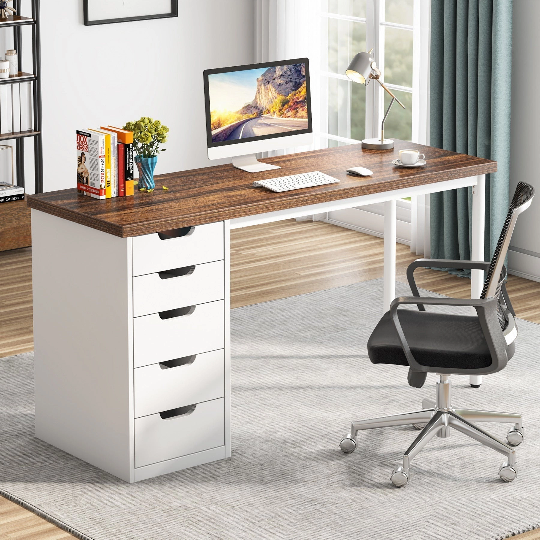 Tribesigns 47" Computer Desk with 5 Drawers, Modern Study Table Writing Desk