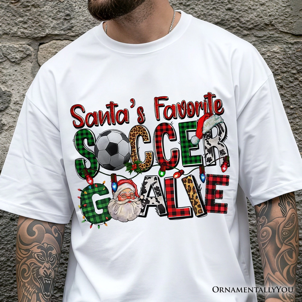 OrnamentallyYou Mens Santa's Favorite Soccer Goalie Plaid Christmas T-Shirt