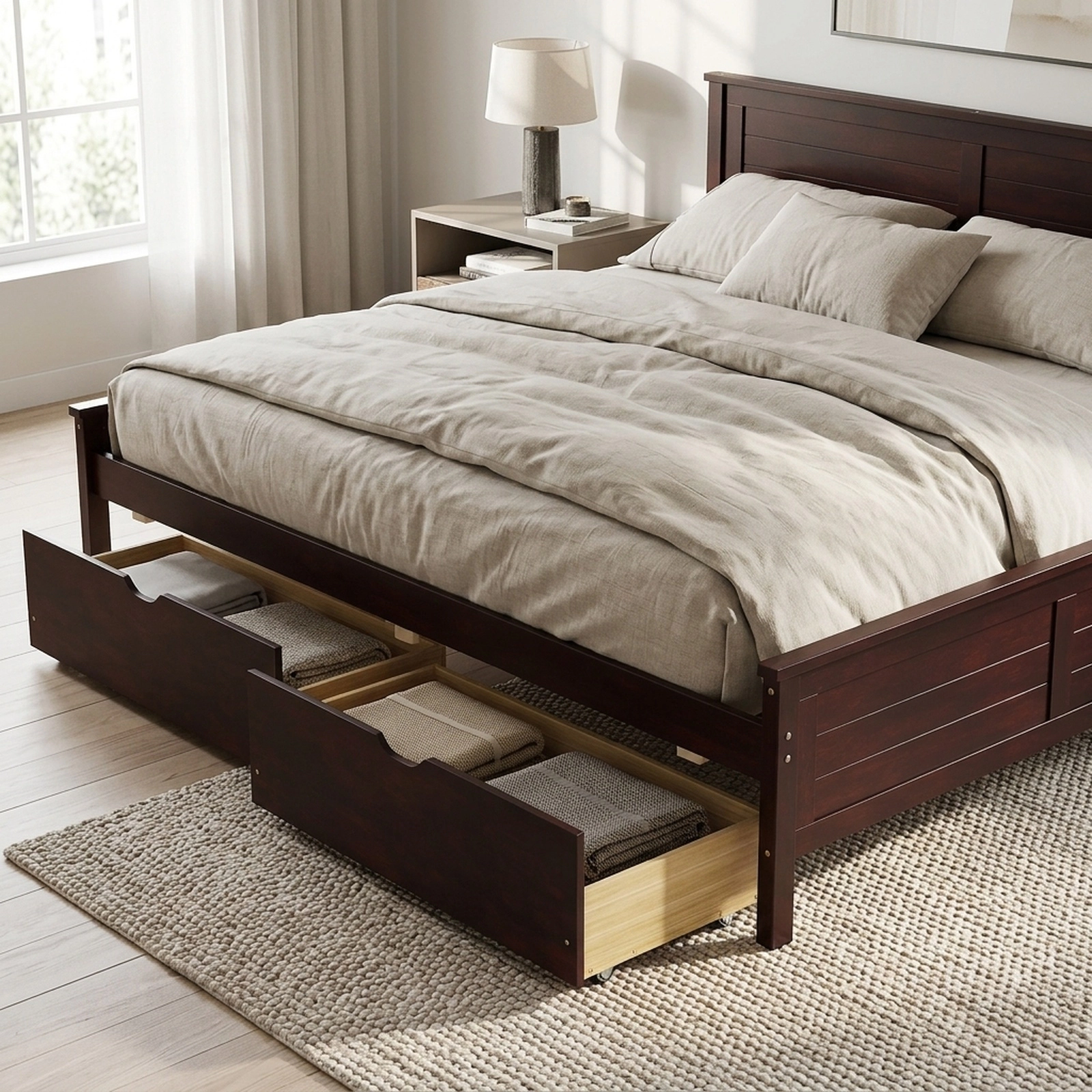 SUGIFT Full Platform Bed Frame, Espresso Wood, 2 Roll-Out Storage Drawers, Panel Headboard