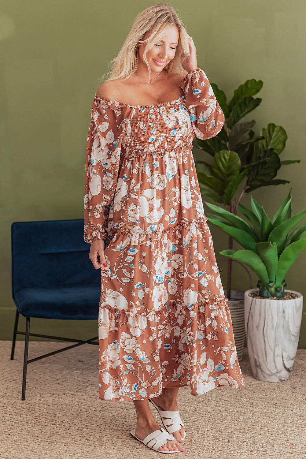 Threaded Pear Women's Willow Floral Shirred Square Neck High Waist Maxi Dress