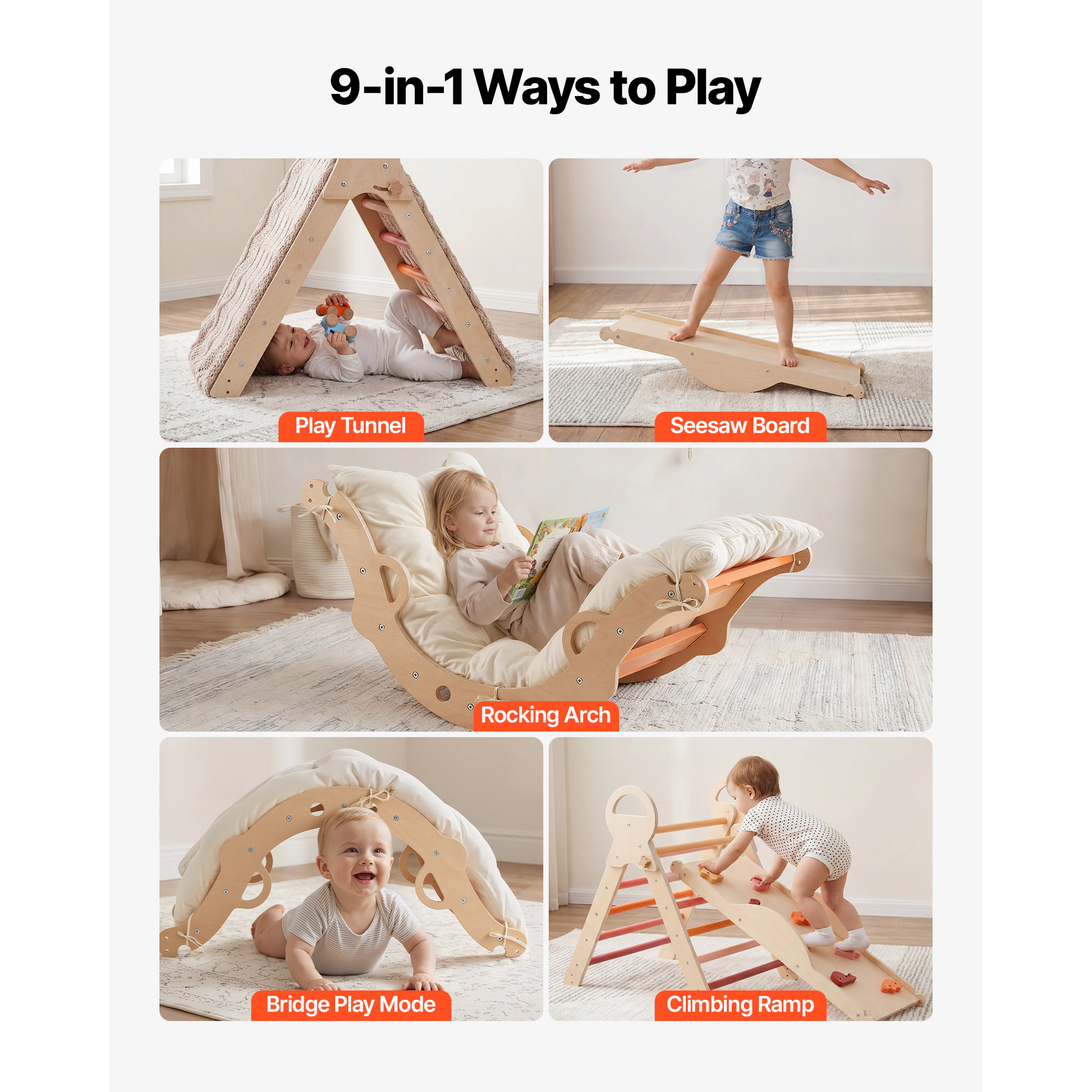 HONGGE Pikler Triangle Set 9-in -1 Toddler Climbing Toys Indoor with 2 Wooden Cars Cushion Triangle Arch and Ramp 150