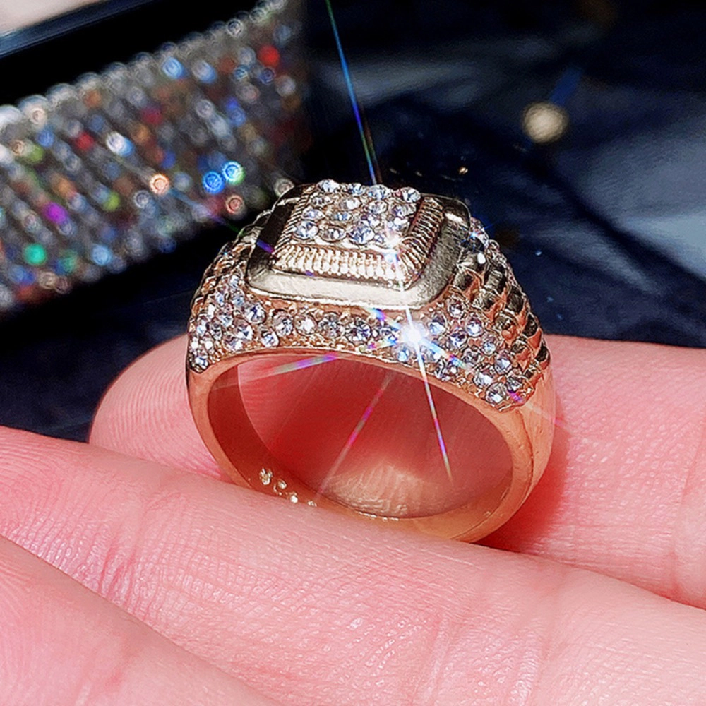 Two‑Tone Iced‑Out Square CZ Ring Hip Hop Full Pave Crystal Statement Ring
