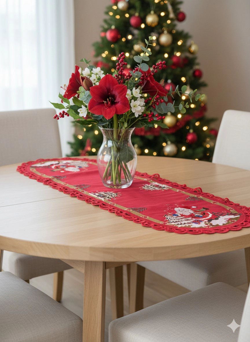 Jiallo Santa Red Embroidered Cutwork Rectangular Table Runner, 15 by 34 inch
