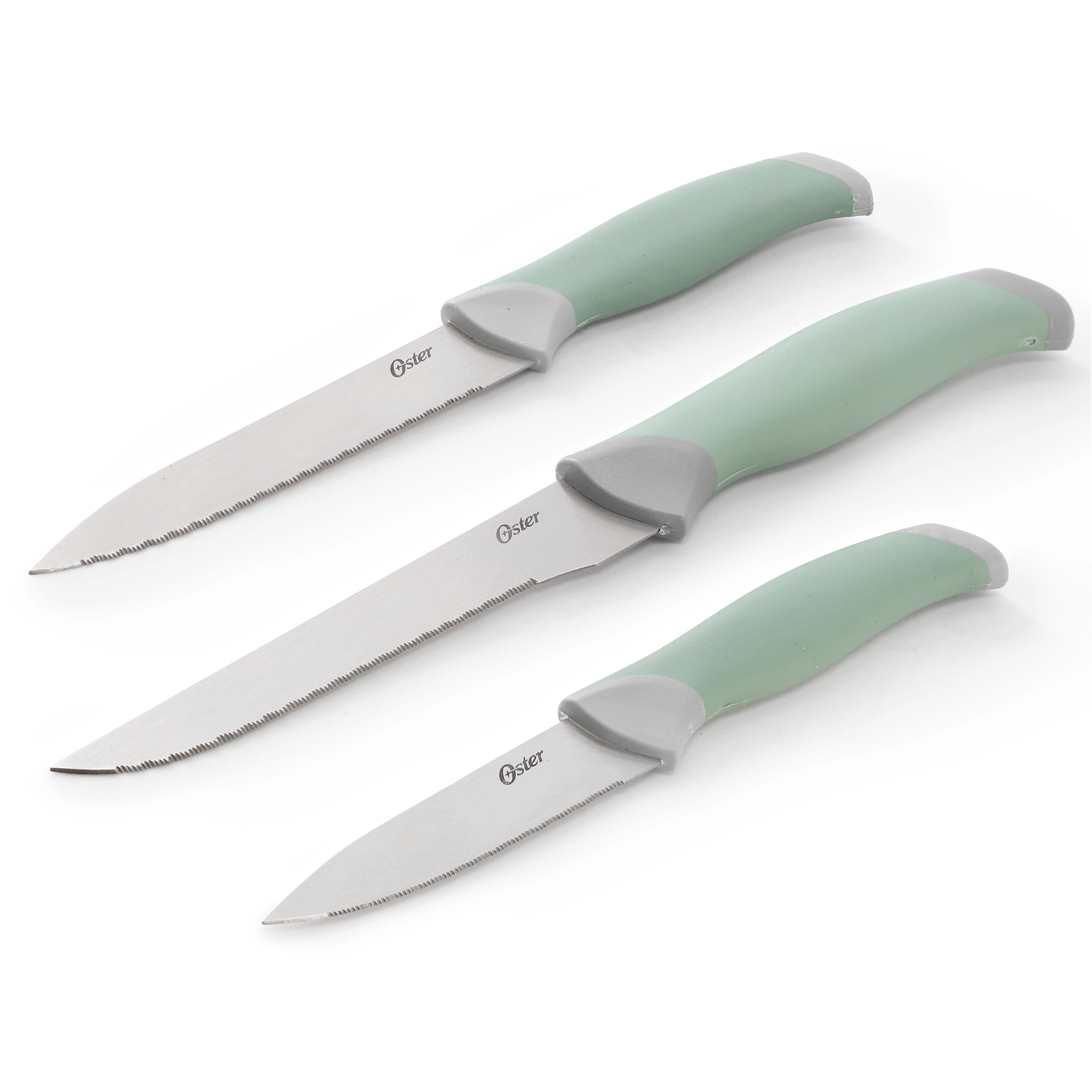 Oster Lindbergh 14 Piece Stainless Steel Cutlery Set in Green with Soft Grip Handles