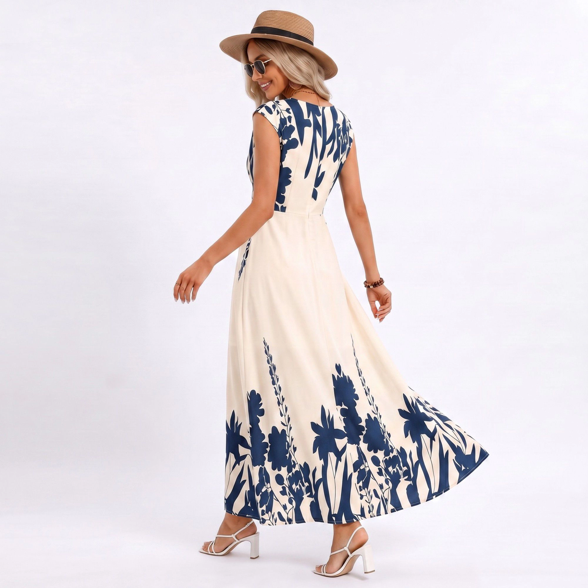 Anna-Kaci Women's Border Print Square Neck Sleeveless A-Line Maxi Dress