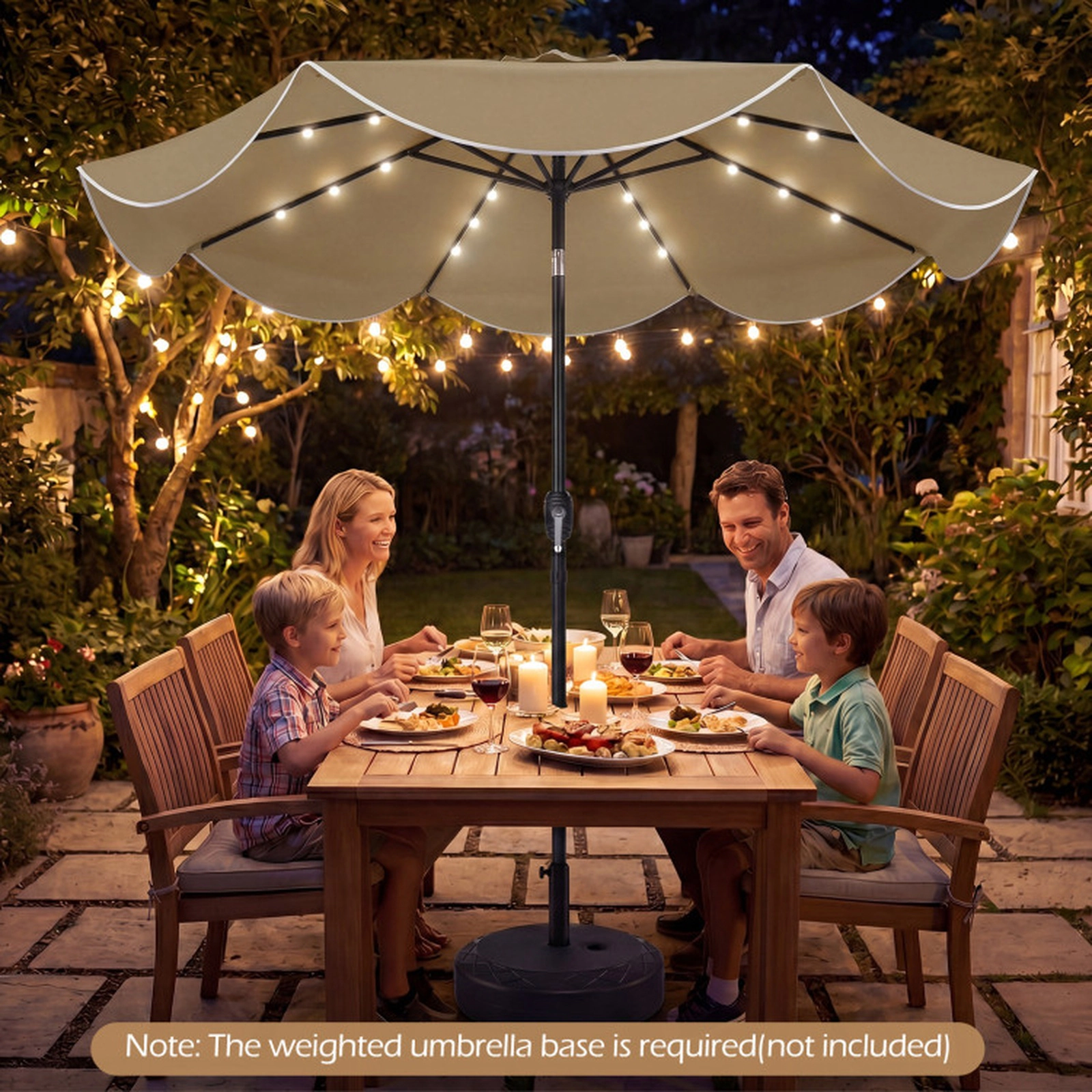 SUGIFT Scalloped Solar Patio Umbrella Market Table Umbrella with 24 LED Lights 9-ft Tan