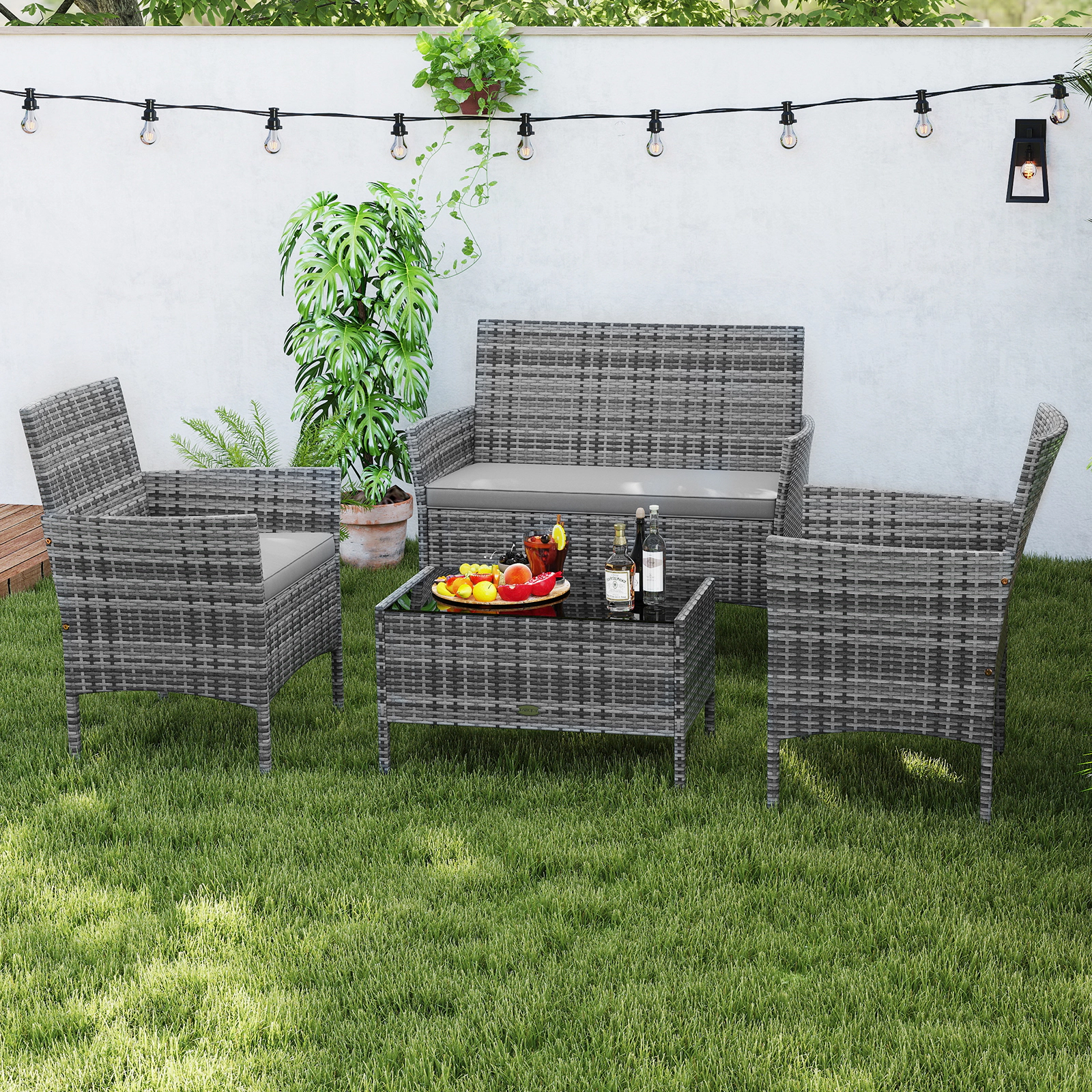 SUGIFT 4-Piece Patio PE Rattan Conversation Set with Tempered Glass Coffee Table 800-lb Loveseat Capacity Mix Gray