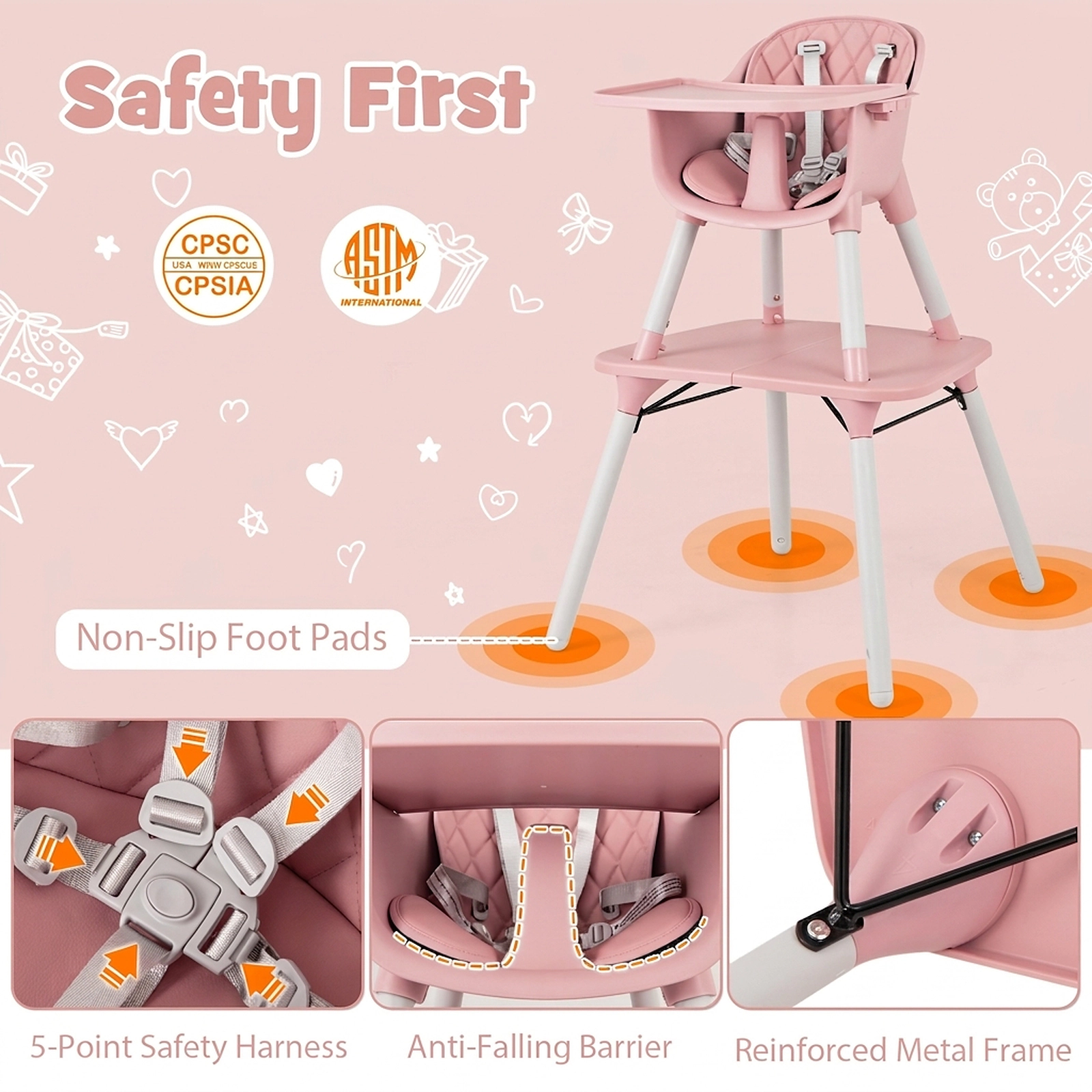 4-in-1 Lightweight Baby High Chair and Toddler Table and Chair Set 2-Position Adjustable Tray Removable PU Cushion
