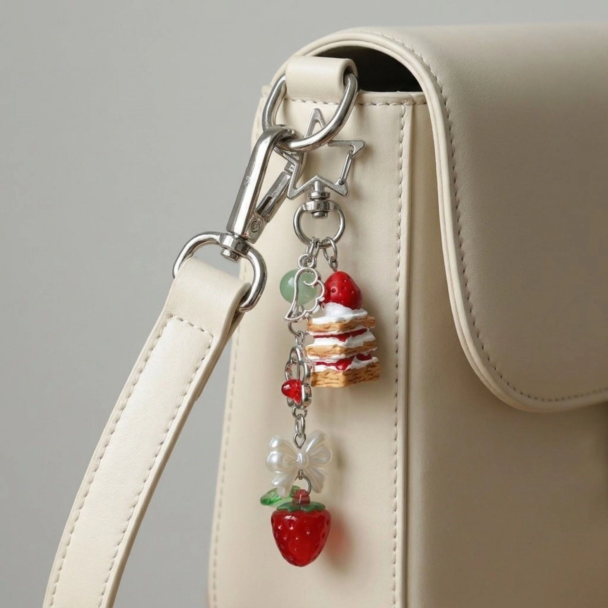 Alilang Women's Dessert Charm Keychain with Strawberry Pendant Cake Detail Star Clip Bag Charm Key Ring Accessory