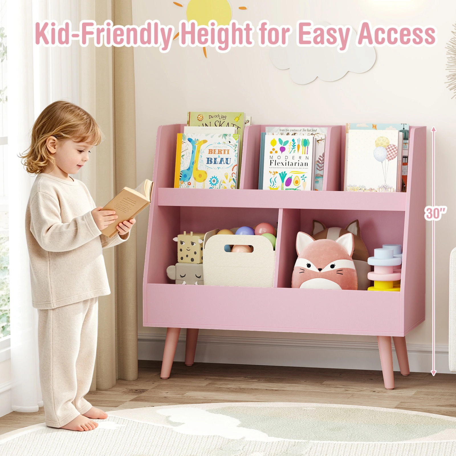 SUGIFT 5-Cube 68-lb Capacity 30-in Pink Kids Bookshelf and Toy Organizer with Anti-Tipping Kits and Wood Legs