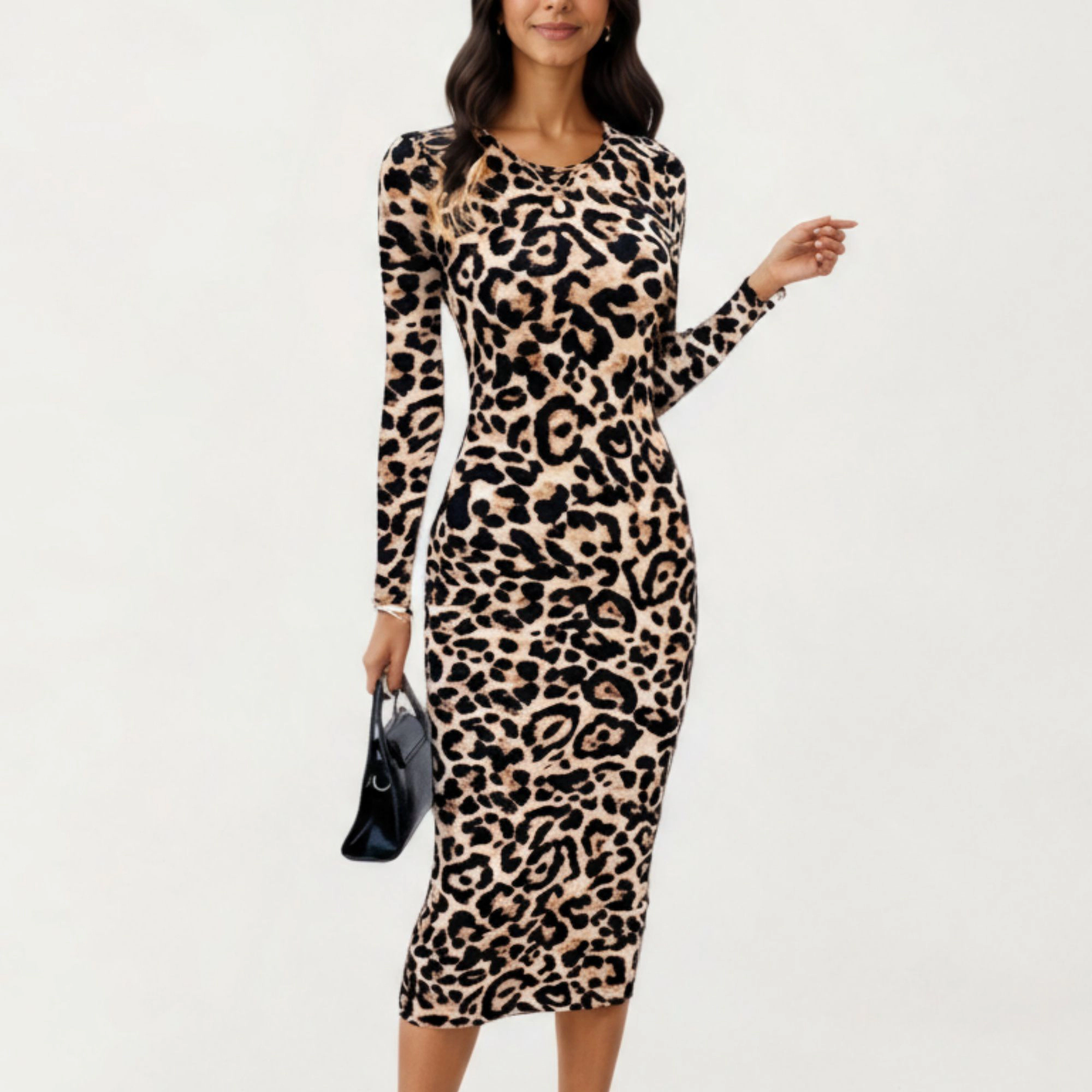 Anna-Kaci Women's Long Sleeve Leopard Print Bodycon Crew Neck Stretch Fit Midi Dress