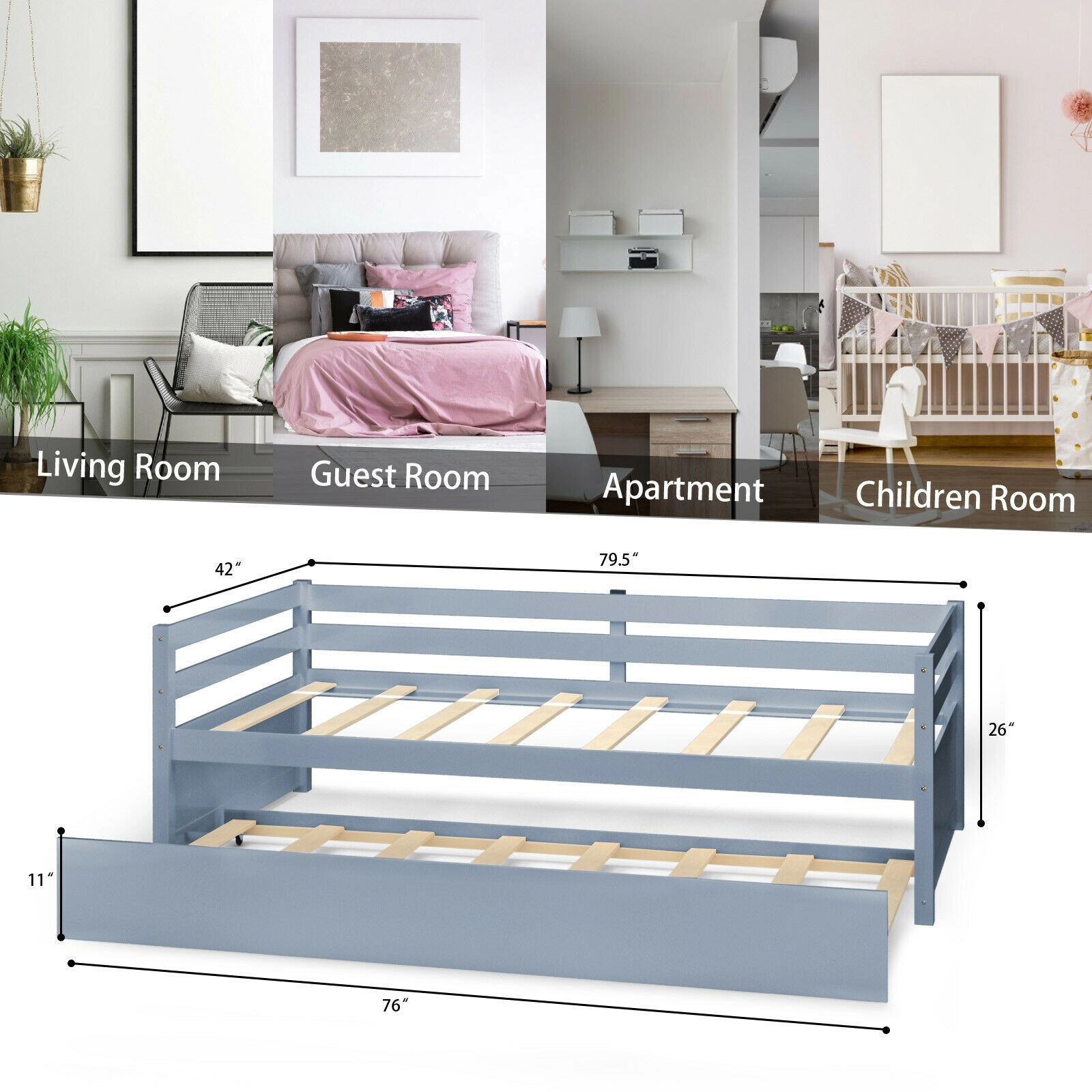 SUGIFT Wooden Slat Support and Roll-Out Trundle Twin Platform Bed Frame