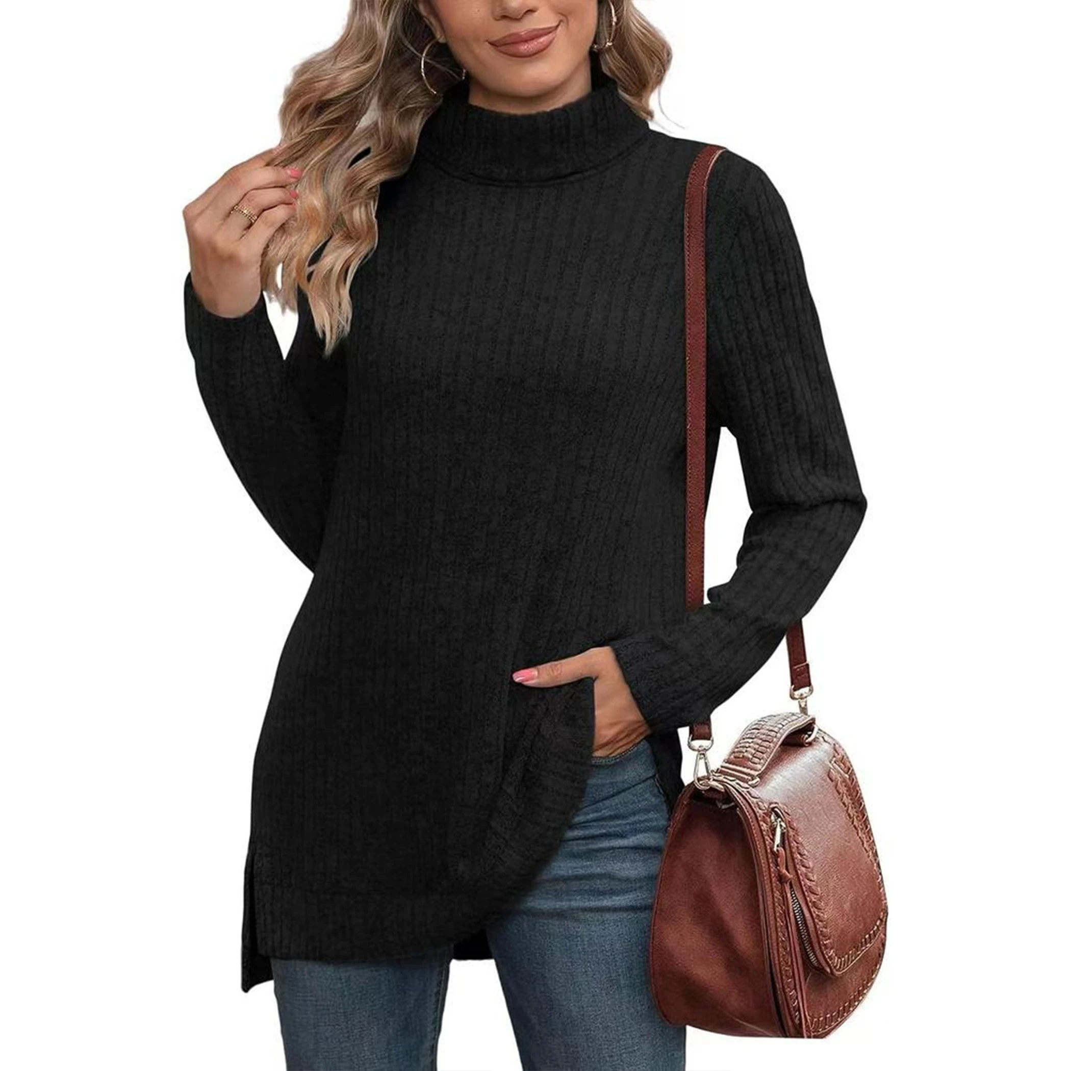 YesFashion Womens Turtleneck Long Sleeve Tunic Top Casual Fall Side Split Oversized Pullover Sweater