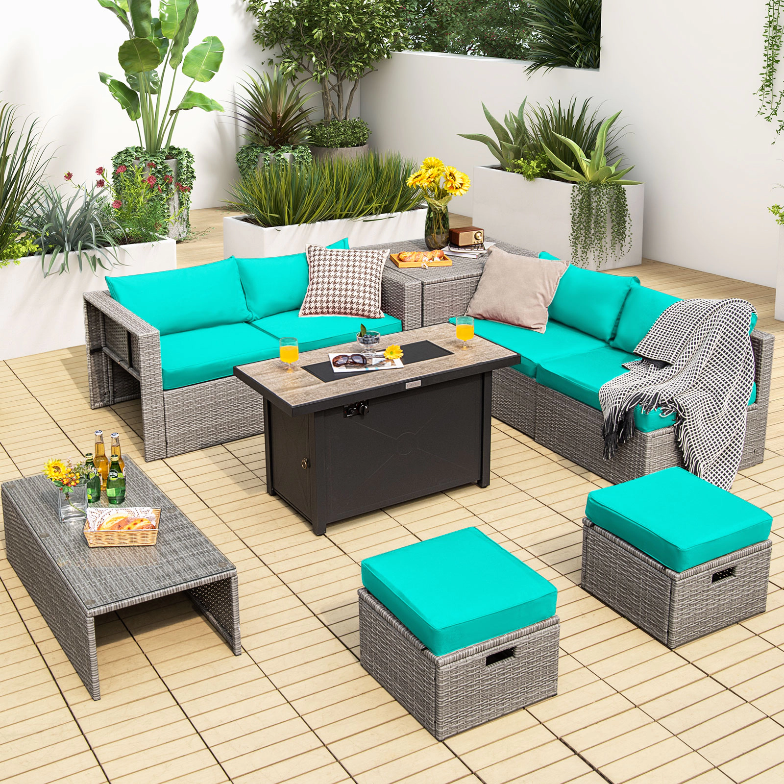 SUGIFT 42 in 60000 BTU Fire Pit Table and Storage Box 9-Piece Patio Rattan Sectional Set