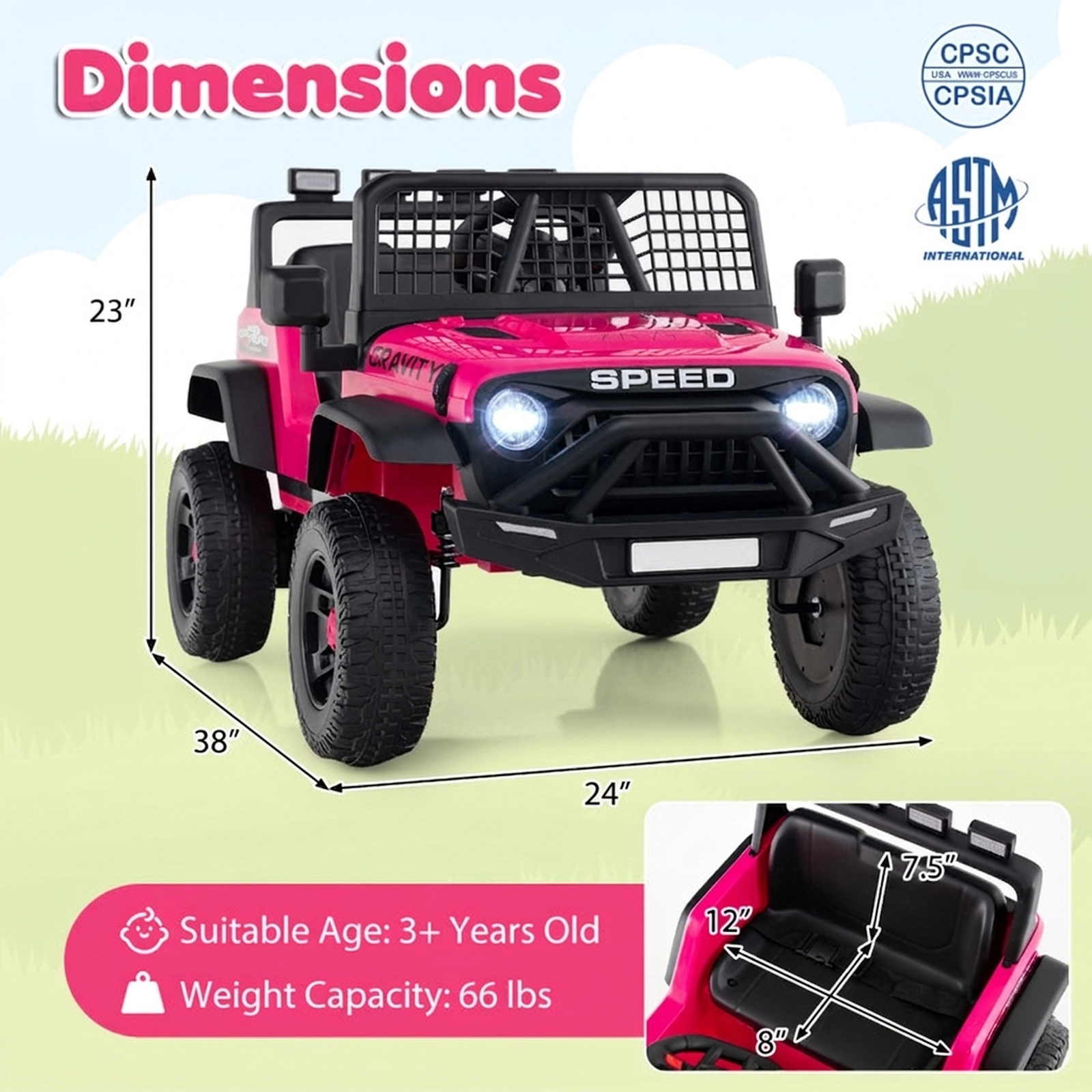 SUGIFT 24V Ride On Car with Parent Remote Control 66-lb Capacity Ages 3+ 38 x 24 x 23 in with Music Pink