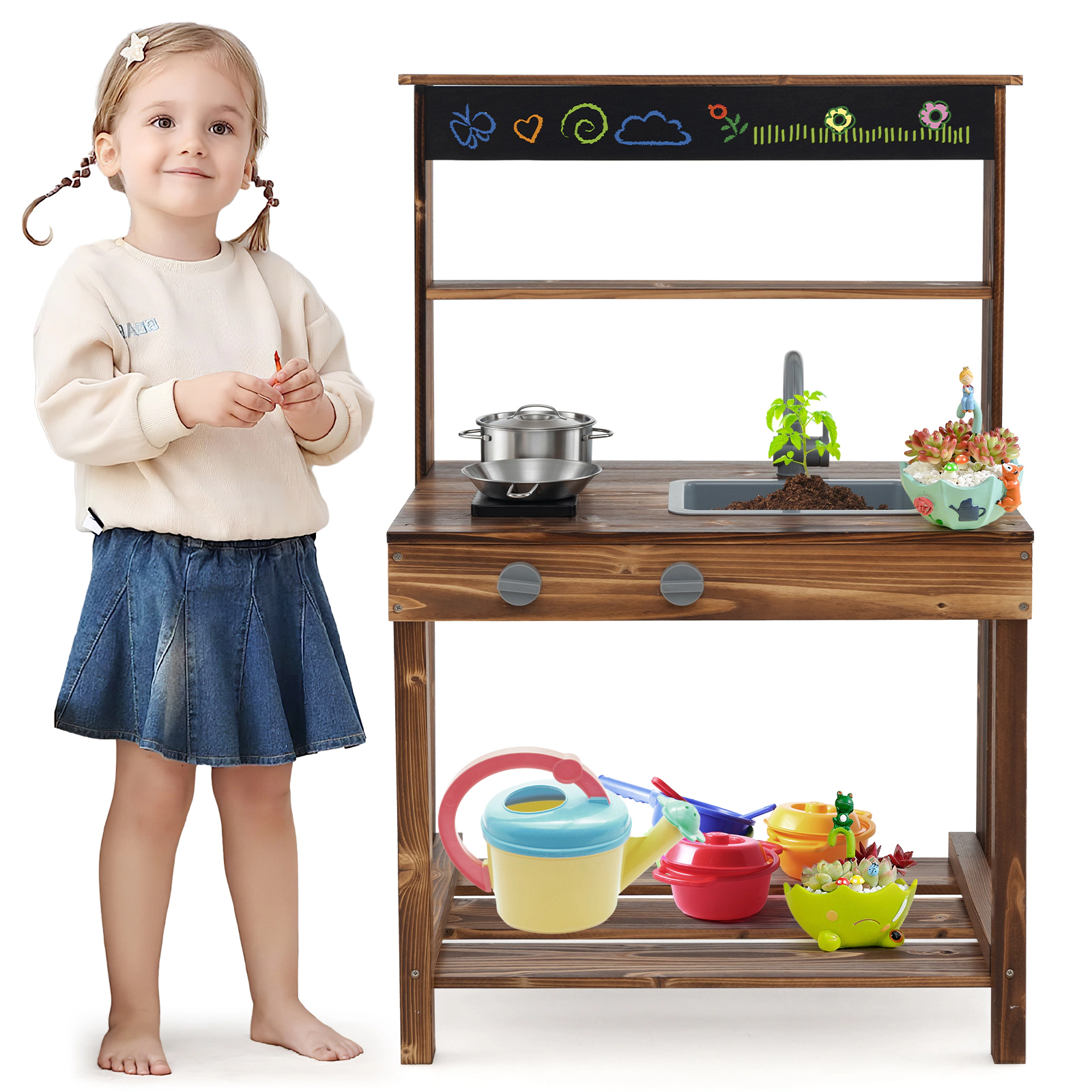 SUGIFT Kids Natural Fir Wood Outdoor Mud Kitchen with Rotatable Faucet and Removable Sink 25.5-in W 38-in H