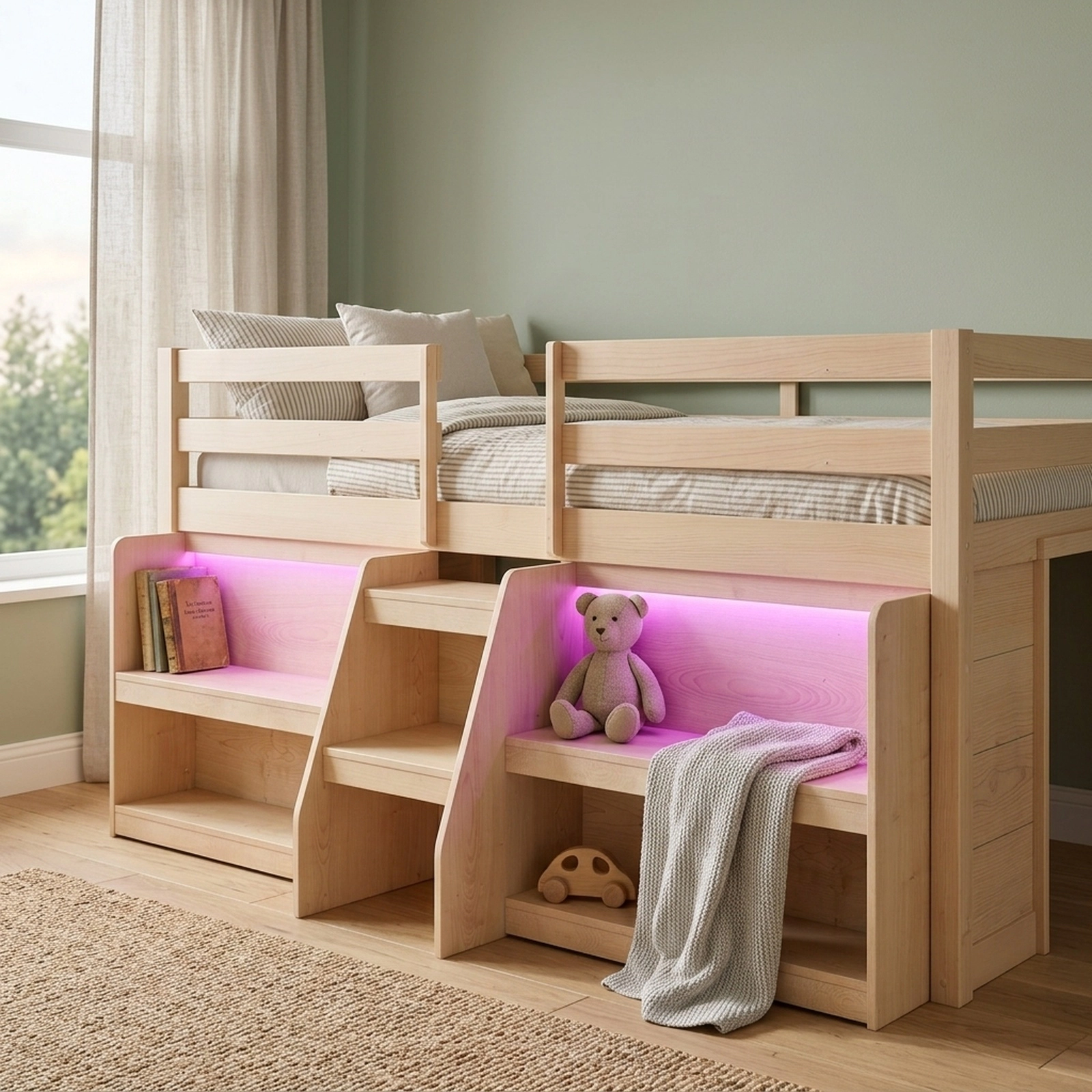 SUGIFT Twin Loft Bed with Staircase, Dimmable LED Lights and 2 Bookshelves