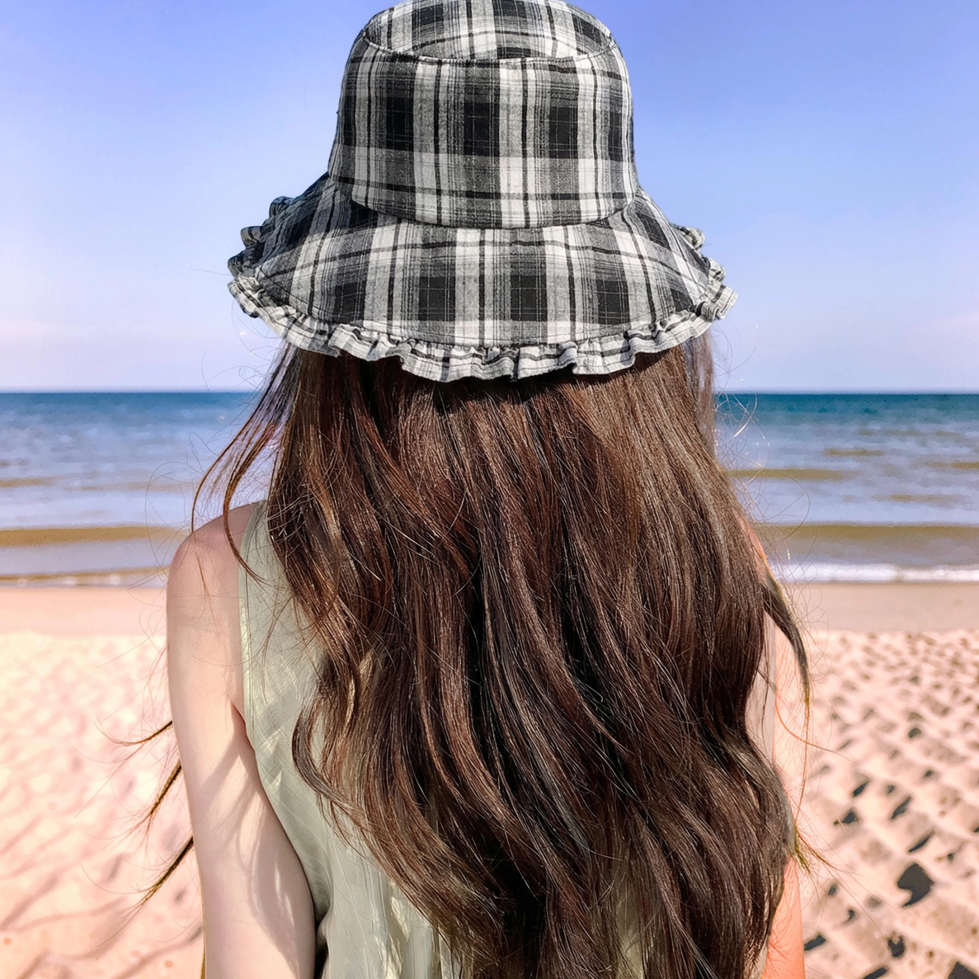 Anna-Kaci Women's Plaid Bucket Hat with Ruffle Brim Adjustable Cotton Sun Hat Lightweight Summer Sun Protection Hat