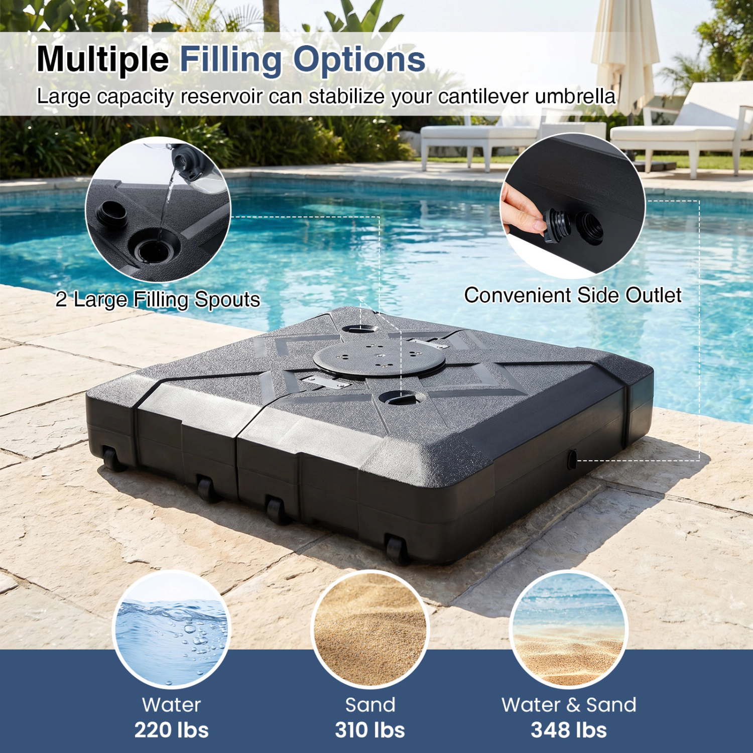 Slickblue Outdoor Umbrella Base with Wheels Fillable Water Sand 220–348 lbs Support Cantilever Stand